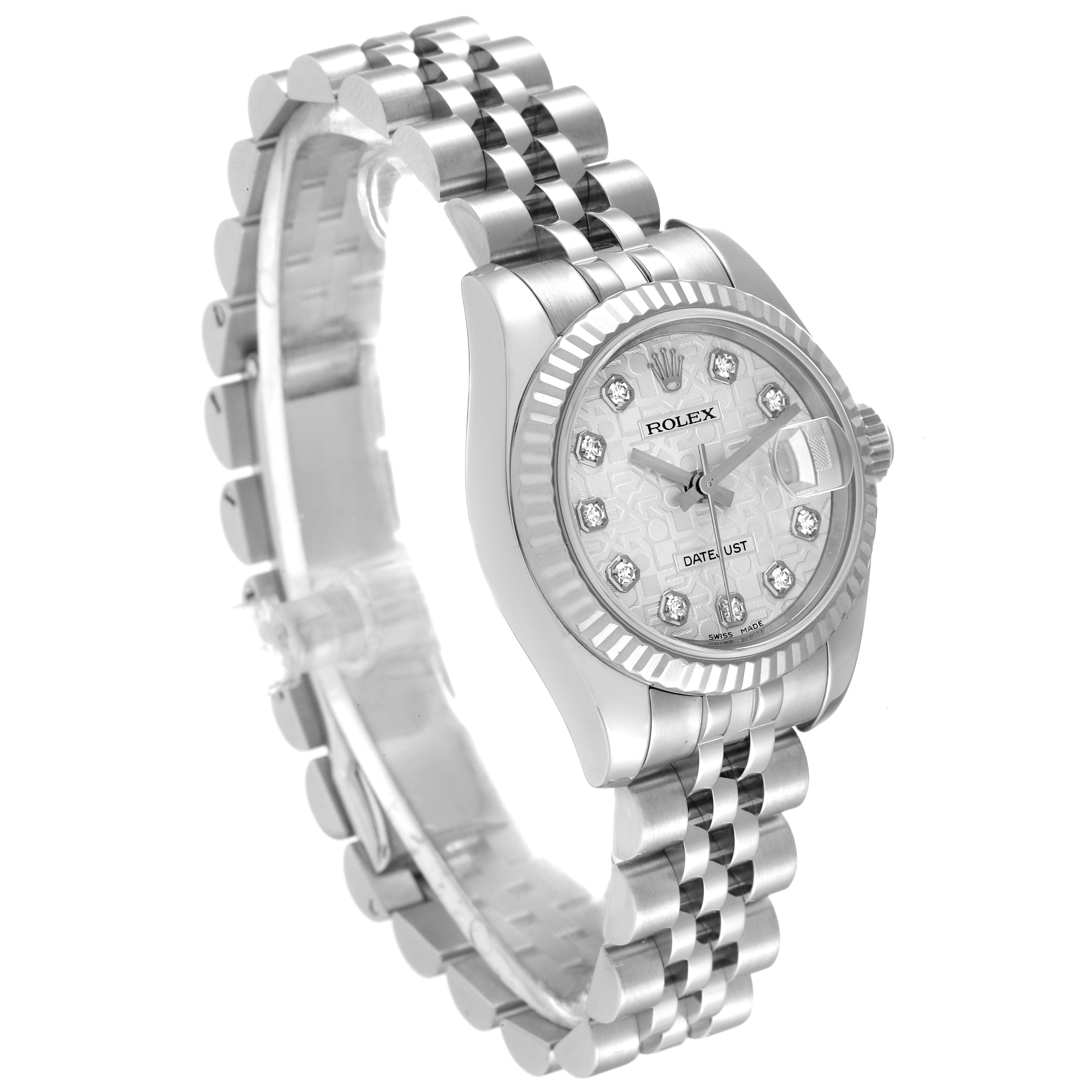 This image shows a Rolex Datejust 179174 Women's Stainless Steel Silver Dial 179174 Women's Stainless Steel Silver Dial watch angled to display its face, bezel, and bracelet.