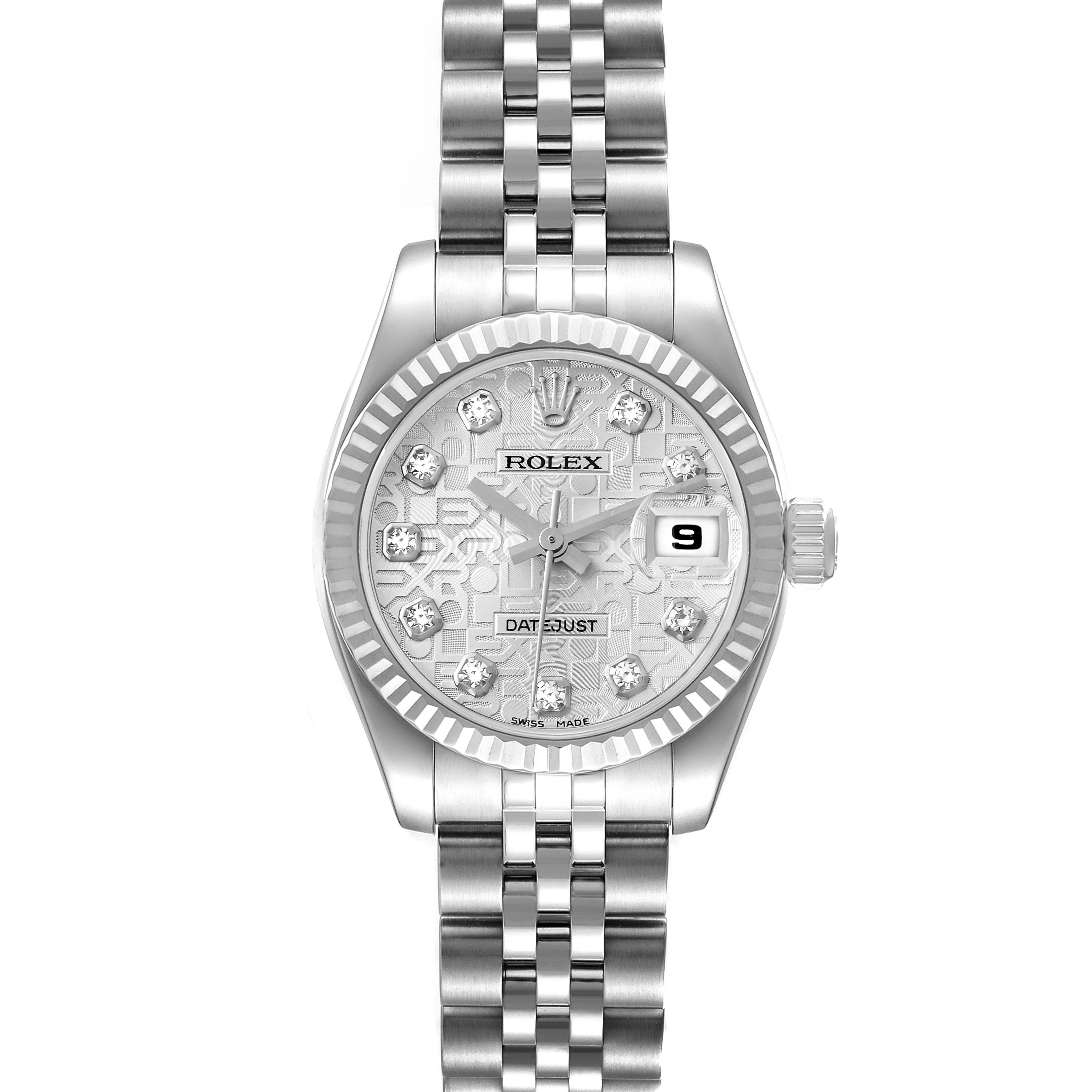 This image shows a front view of the Rolex Datejust 179174 Women's Stainless Steel Silver Dial 179174 Women's Stainless Steel Silver Dial watch, featuring its dial, bezel, crown, and bracelet.