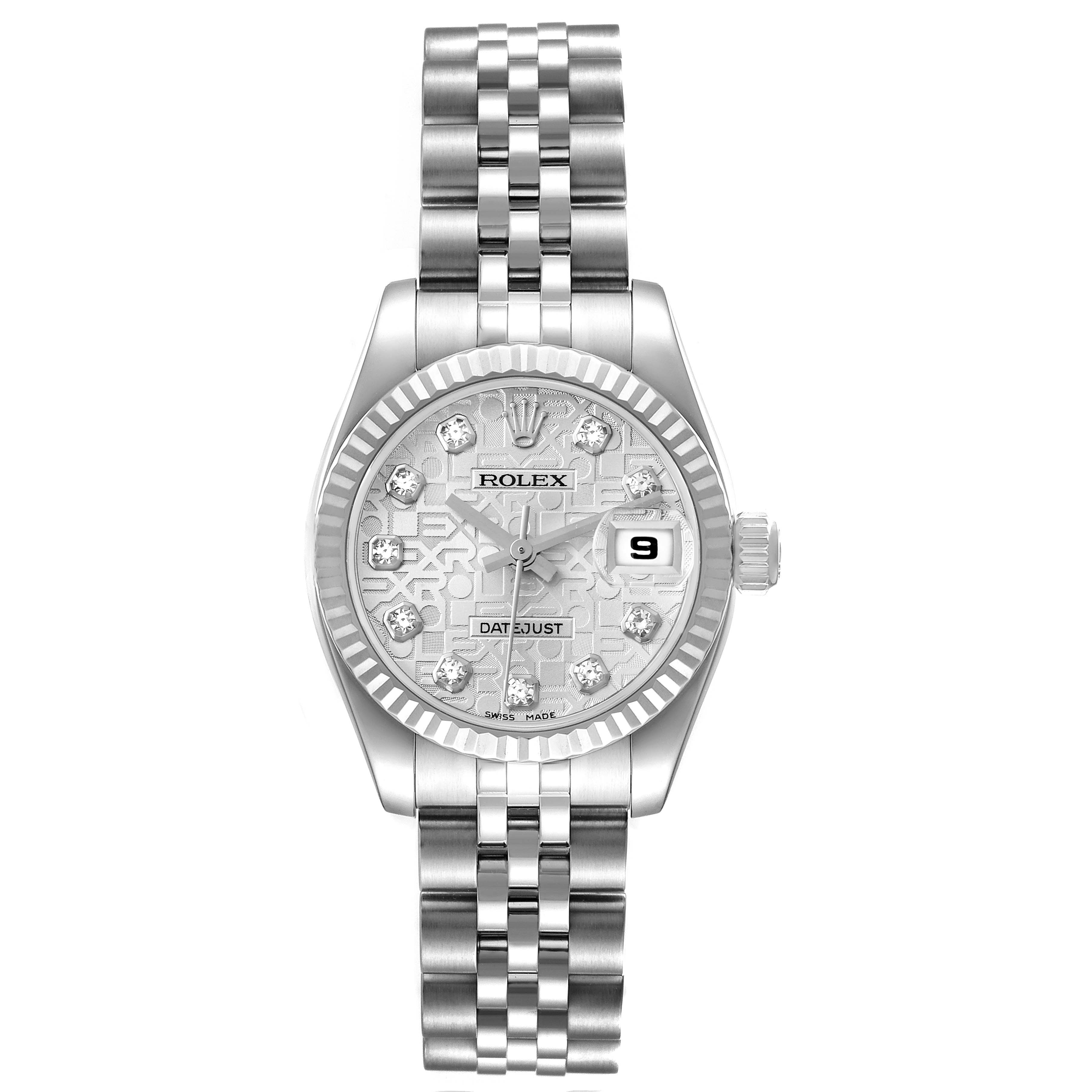 The image shows a frontal view of a Rolex Datejust 179174 Women's Stainless Steel Silver Dial 179174 Women's Stainless Steel Silver Dial watch with a silver dial, diamond hour markers, and a metal bracelet.