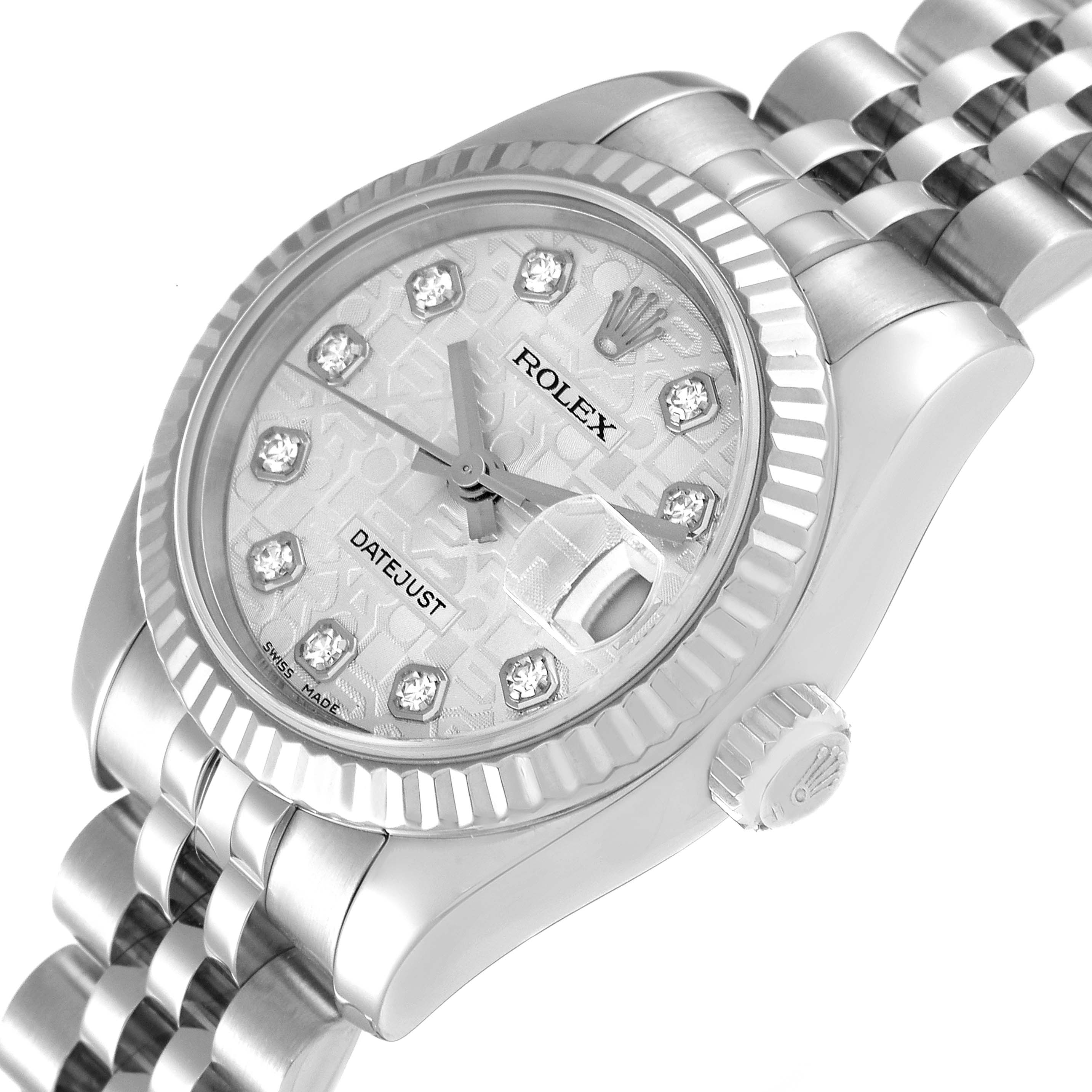 This image shows a Rolex Datejust 179174 Women's Stainless Steel Silver Dial 179174 Women's Stainless Steel Silver Dial watch from a front angle, displaying the face, crown, and part of the bracelet.