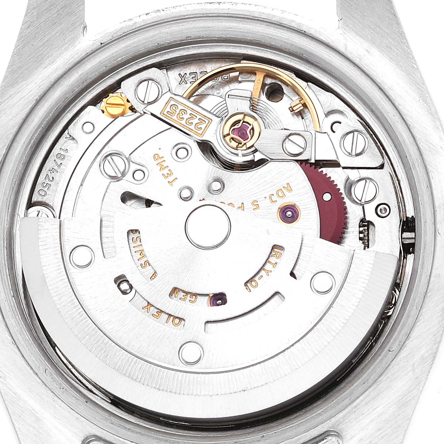 This image shows the movement mechanism of the Rolex Datejust 179174 Women's Stainless Steel Silver Dial 179174 Women's Stainless Steel Silver Dial watch, viewed from the back with the case removed.
