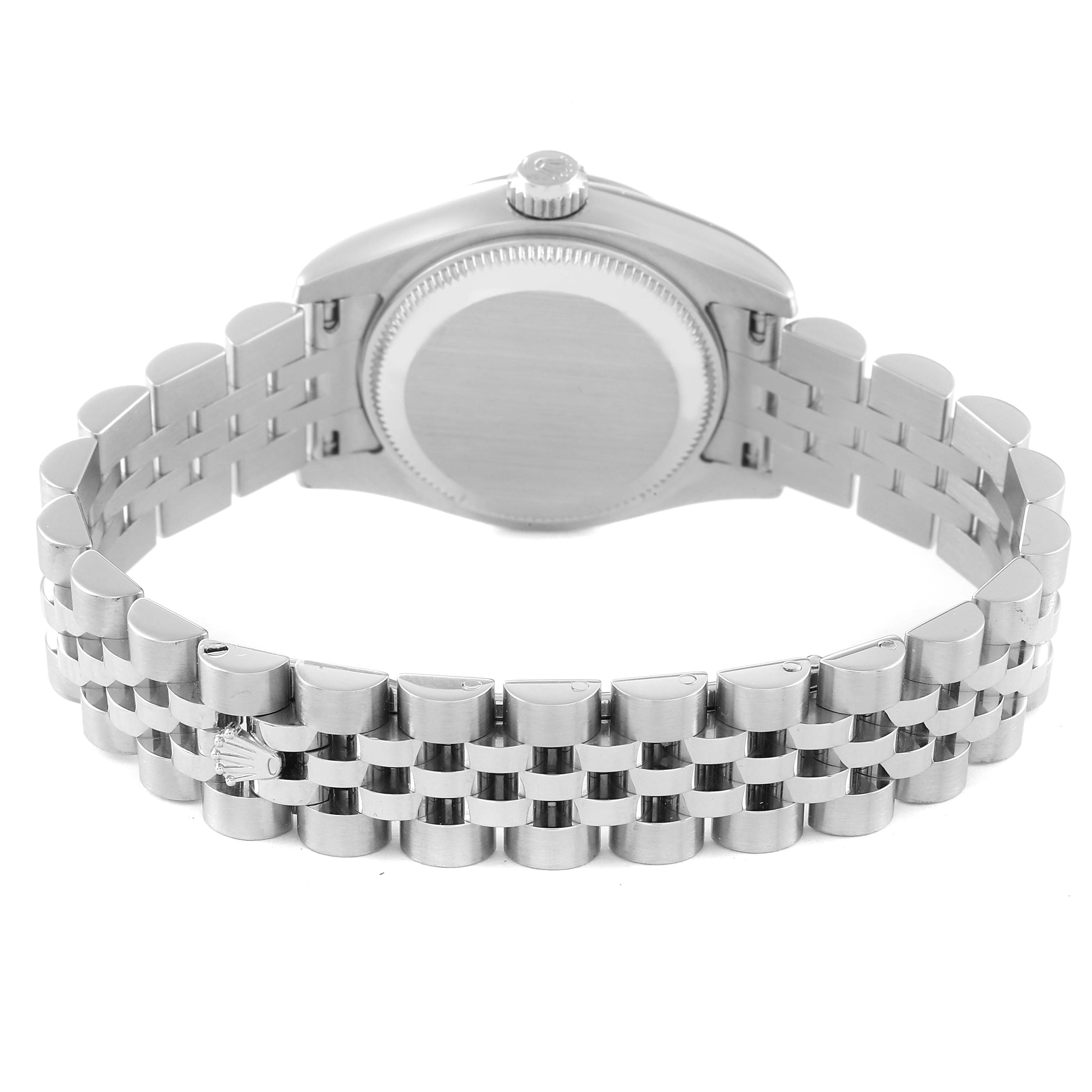 The image shows the back of a Rolex Datejust 179174 Women's Stainless Steel Silver Dial 179174 Women's Stainless Steel Silver Dial watch, highlighting the case back, crown, and Jubilee bracelet.