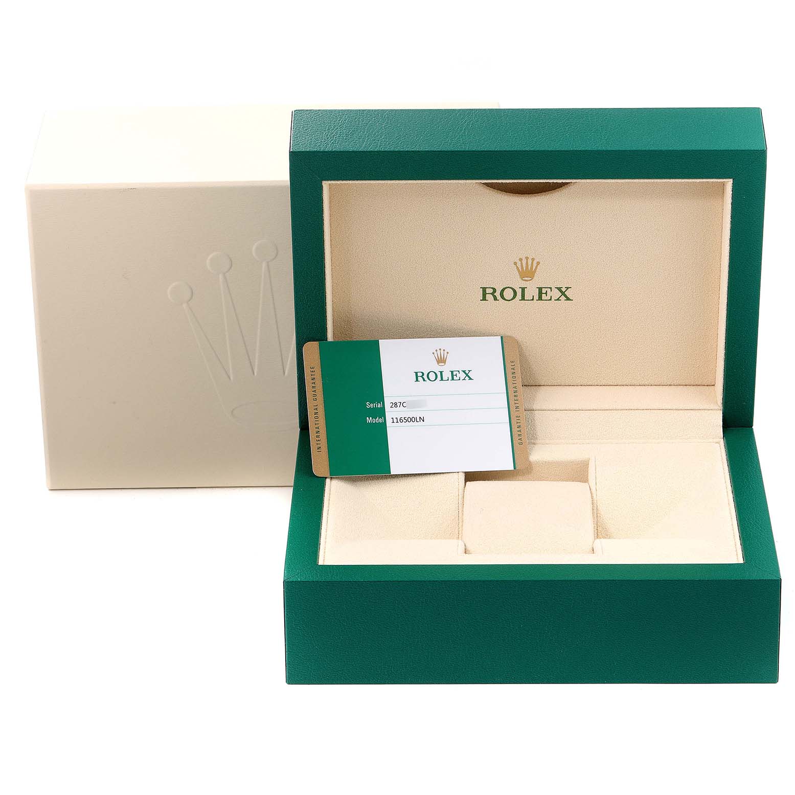 The image shows an open Rolex Daytona 116500 Men's Stainless Steel White Dial 116500 Men's Stainless Steel White Dial watch box and a warranty card, with the outer box in the background.