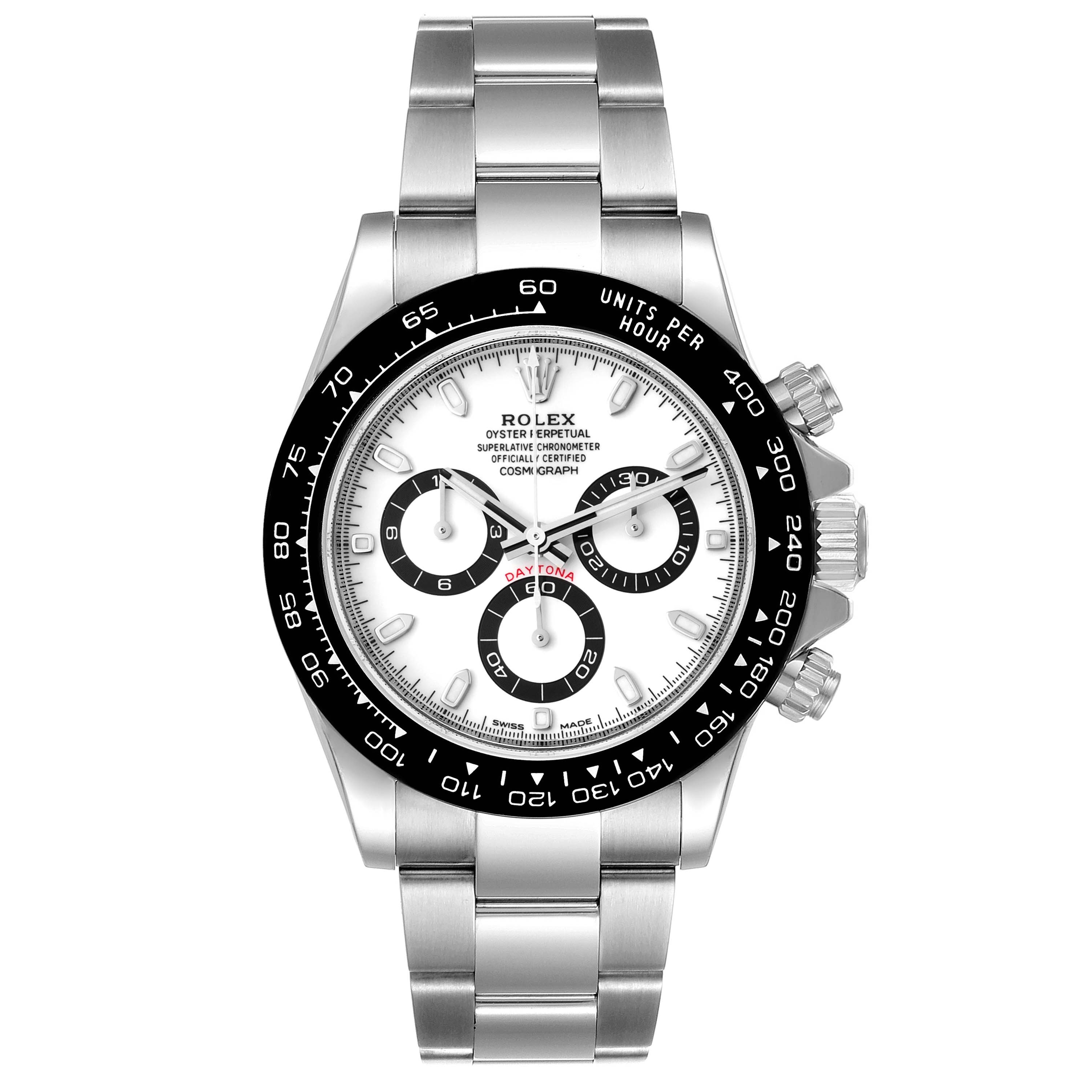 The image shows a front view of a Rolex Daytona 116500 Men's Stainless Steel White Dial 116500 Men's Stainless Steel White Dial watch, highlighting the bezel, dial, bracelet, and chronograph buttons.