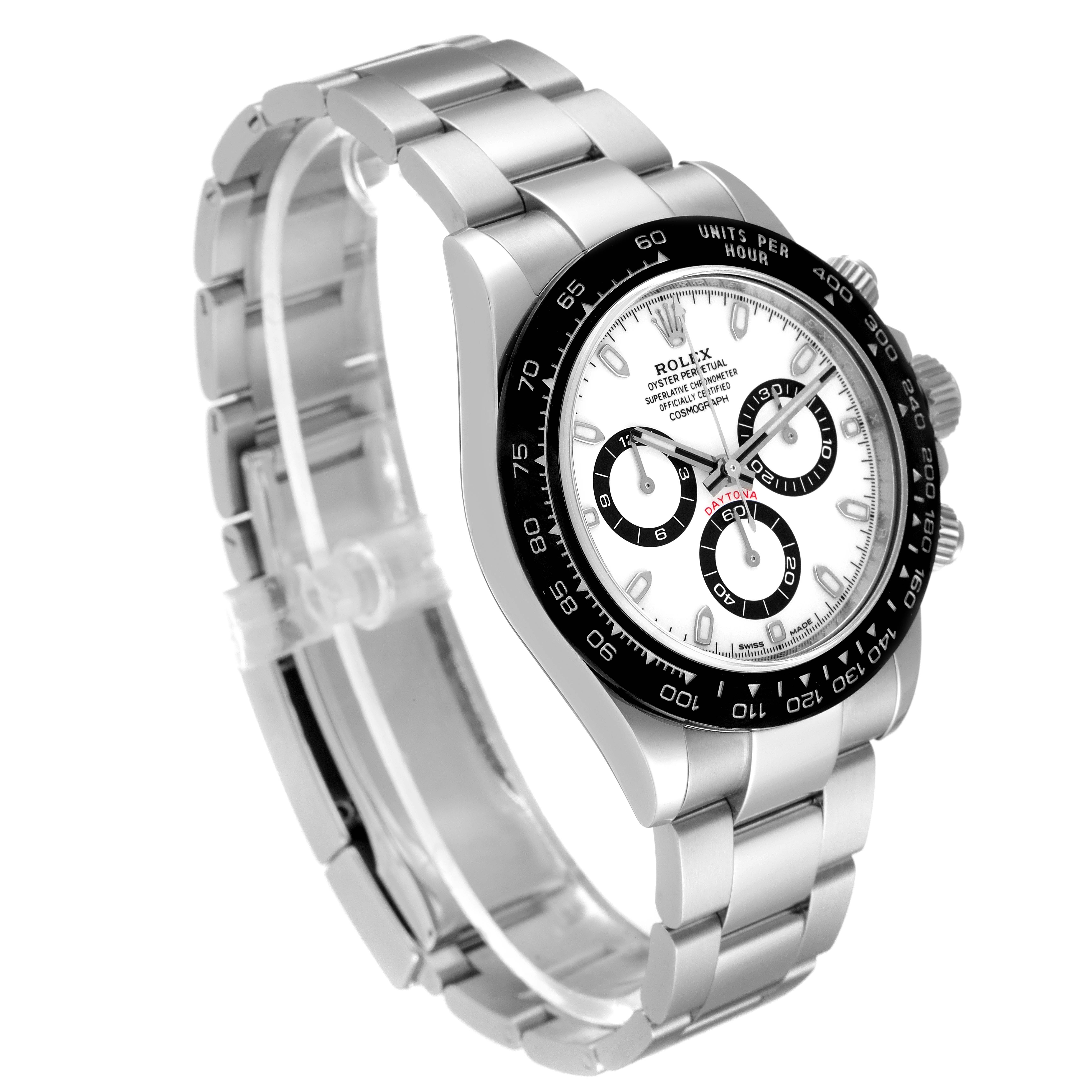 This image shows a Rolex Daytona 116500 Men's Stainless Steel White Dial 116500 Men's Stainless Steel White Dial watch at a three-quarter angle, displaying its face, bezel, and stainless steel bracelet.