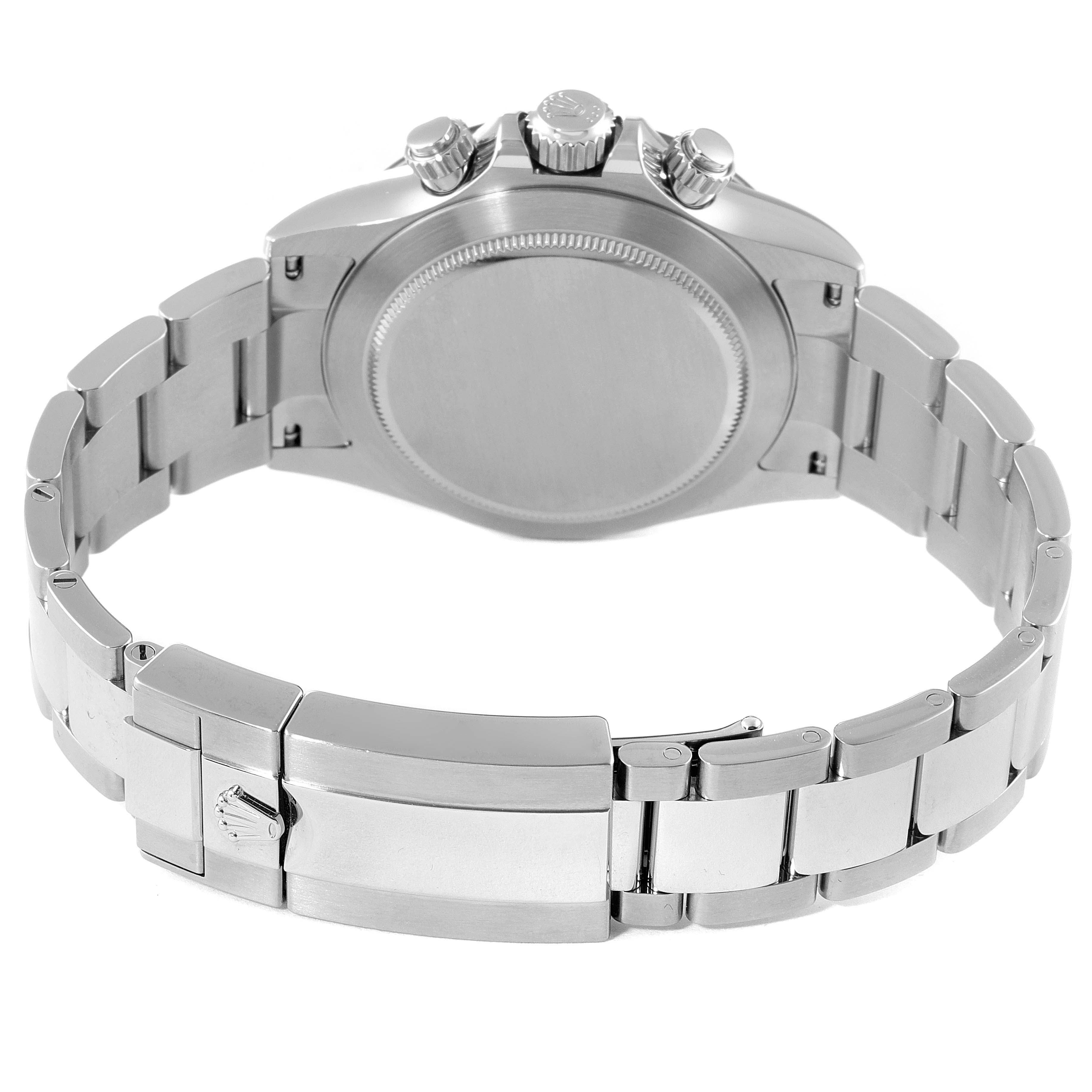 This image shows the back and clasp of the Rolex Daytona 116500 Men's Stainless Steel White Dial 116500 Men's Stainless Steel White Dial watch, displaying its Oyster bracelet and case back.