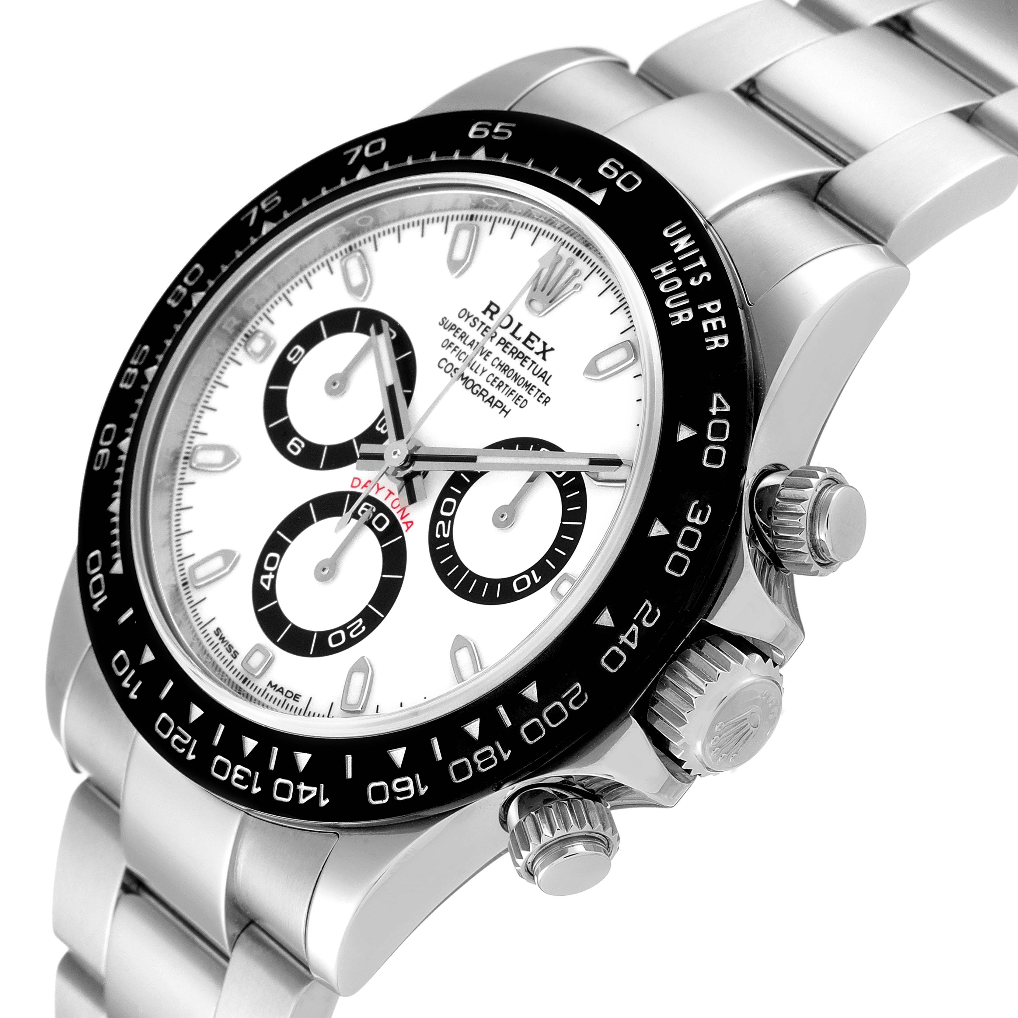 The image shows a side-angle view of a Rolex Daytona 116500 Men's Stainless Steel White Dial 116500 Men's Stainless Steel White Dial watch, featuring its case, dial, bezel, and crown.