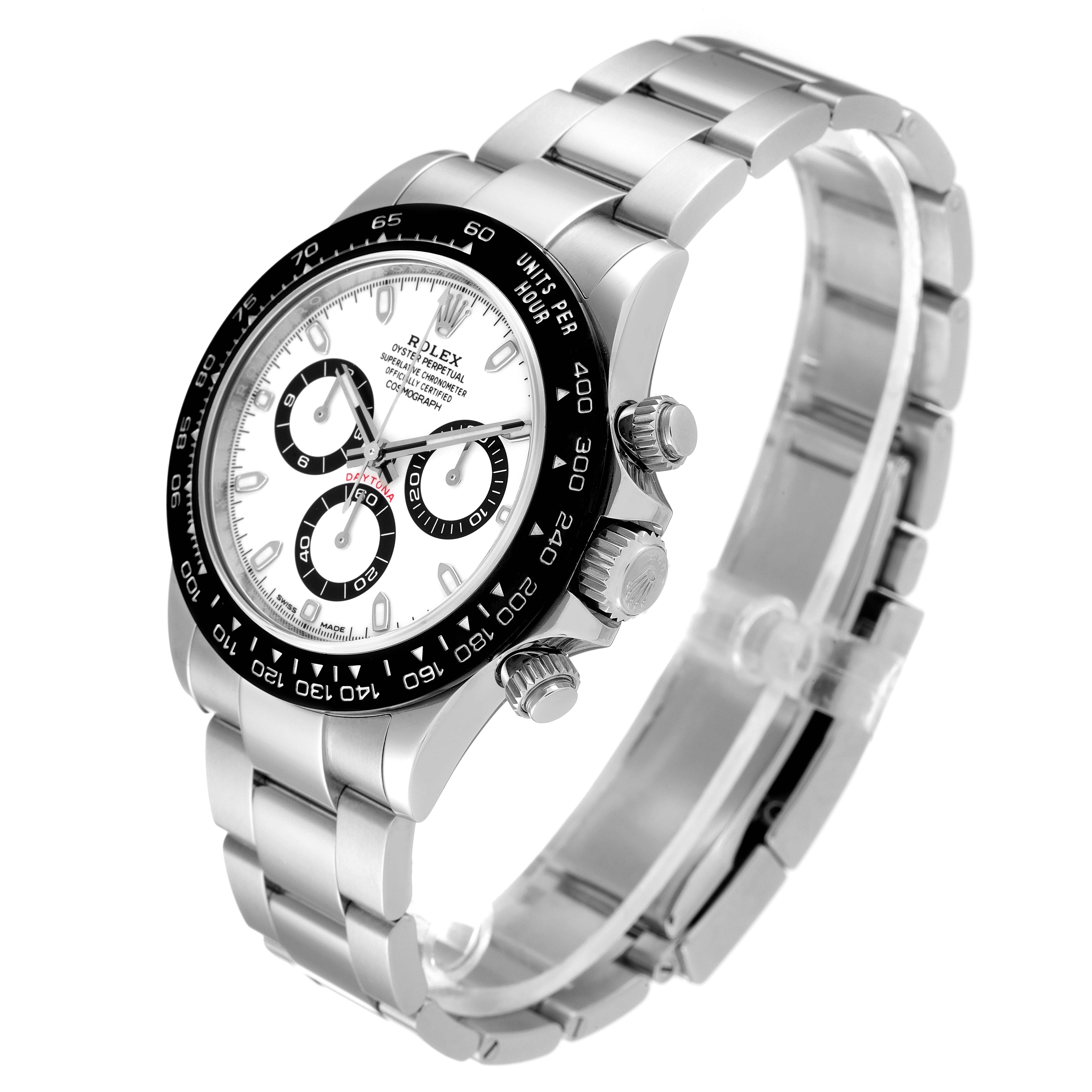 The image shows a Rolex Daytona 116500 Men's Stainless Steel White Dial 116500 Men's Stainless Steel White Dial watch at an angled side view, highlighting the face, bezel, and bracelet.