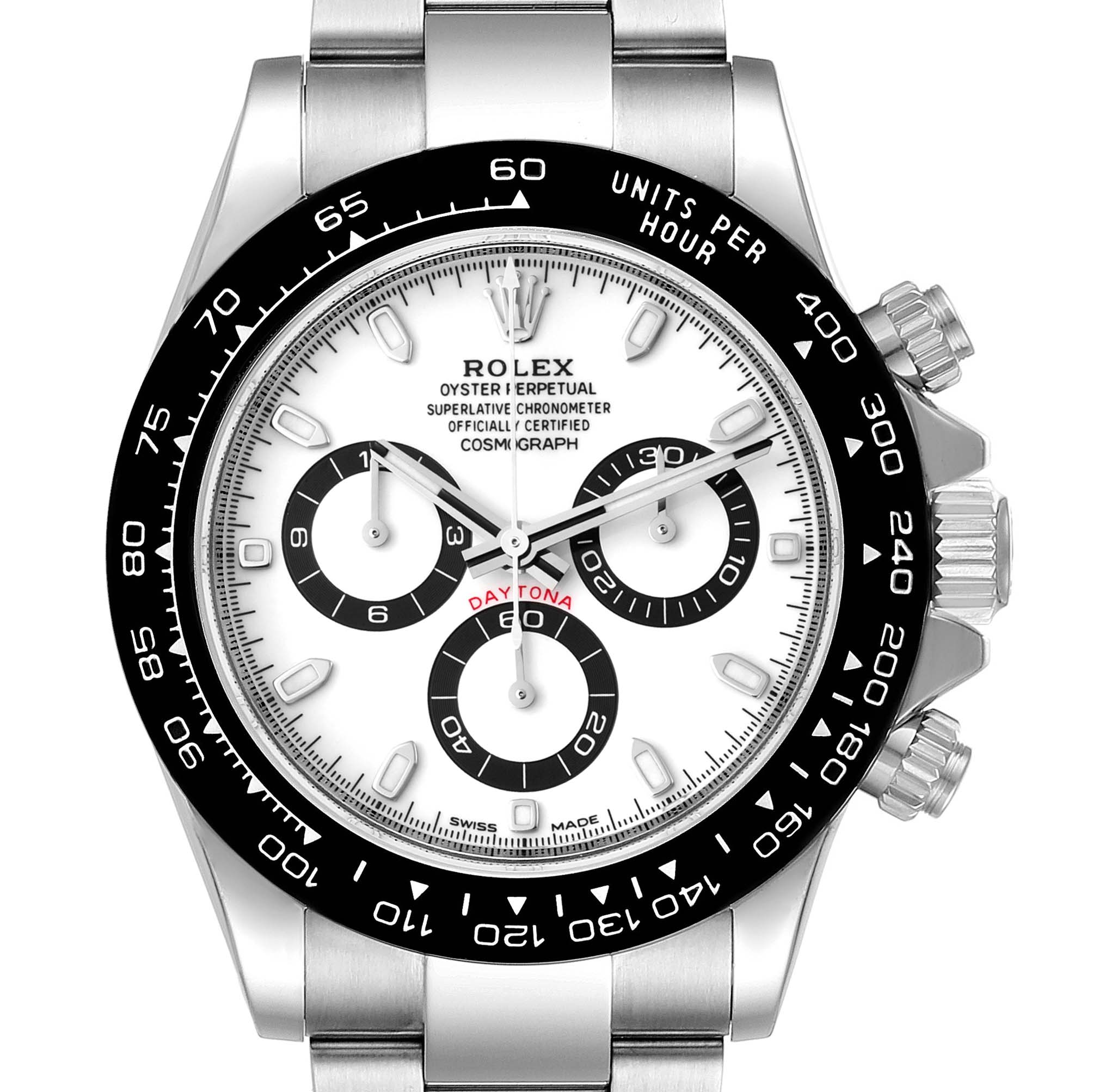 This image shows a front view of a Rolex Daytona 116500 Men's Stainless Steel White Dial 116500 Men's Stainless Steel White Dial watch, highlighting its dial, bezel, and chronograph sub-dials.