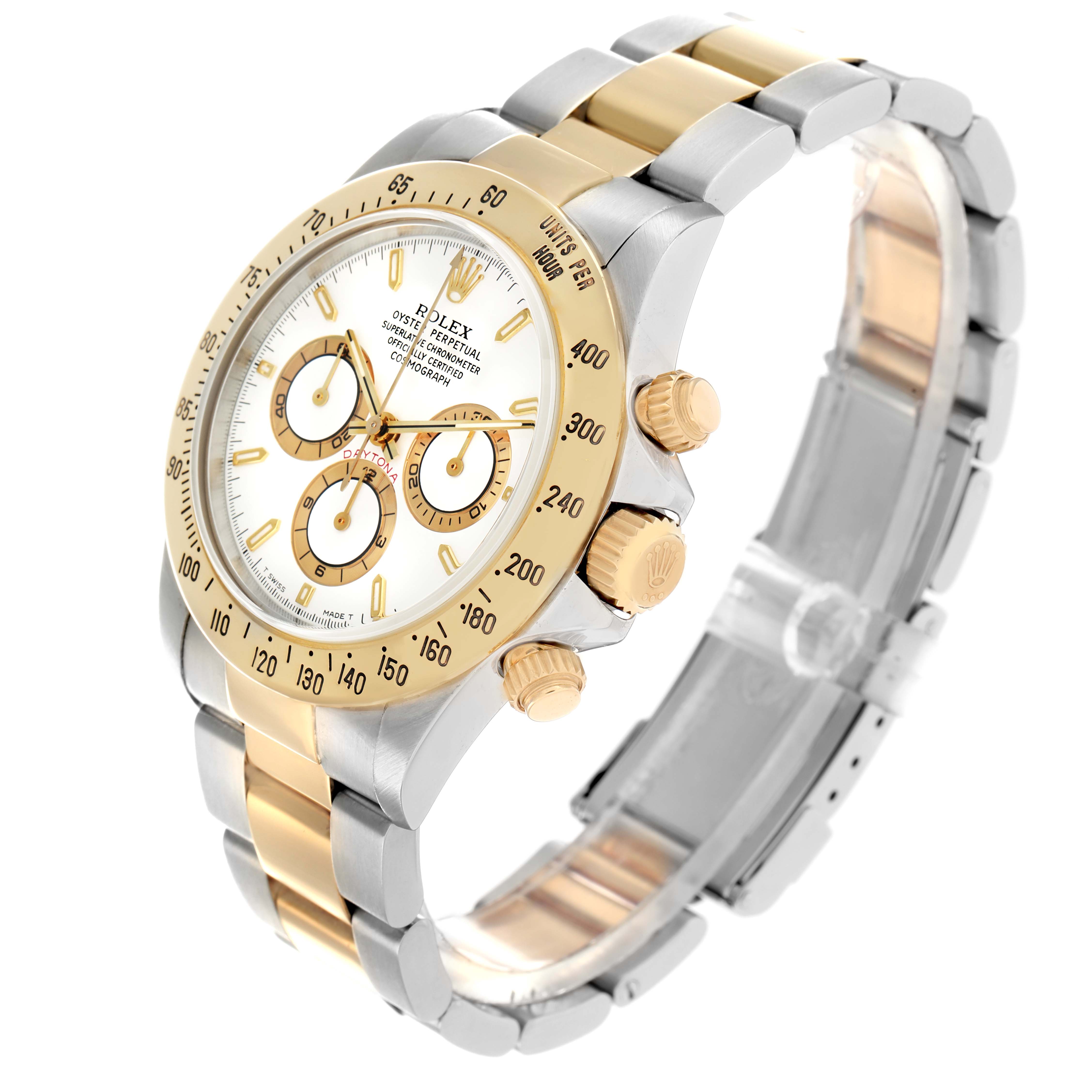 The image shows a Rolex Daytona 16523 Men's Steel and Gold (two tone) White Dial watch at a three-quarter angle, displaying its dial, bezel, pushers, and bracelet.