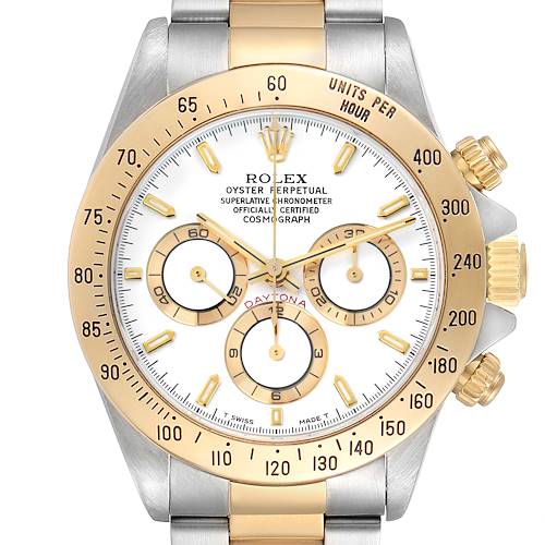 The Rolex Daytona 16523 Men's Steel and Gold (two tone) White Dial watch is shown from the front, highlighting its gold bezel, subdials, and two-tone bracelet.