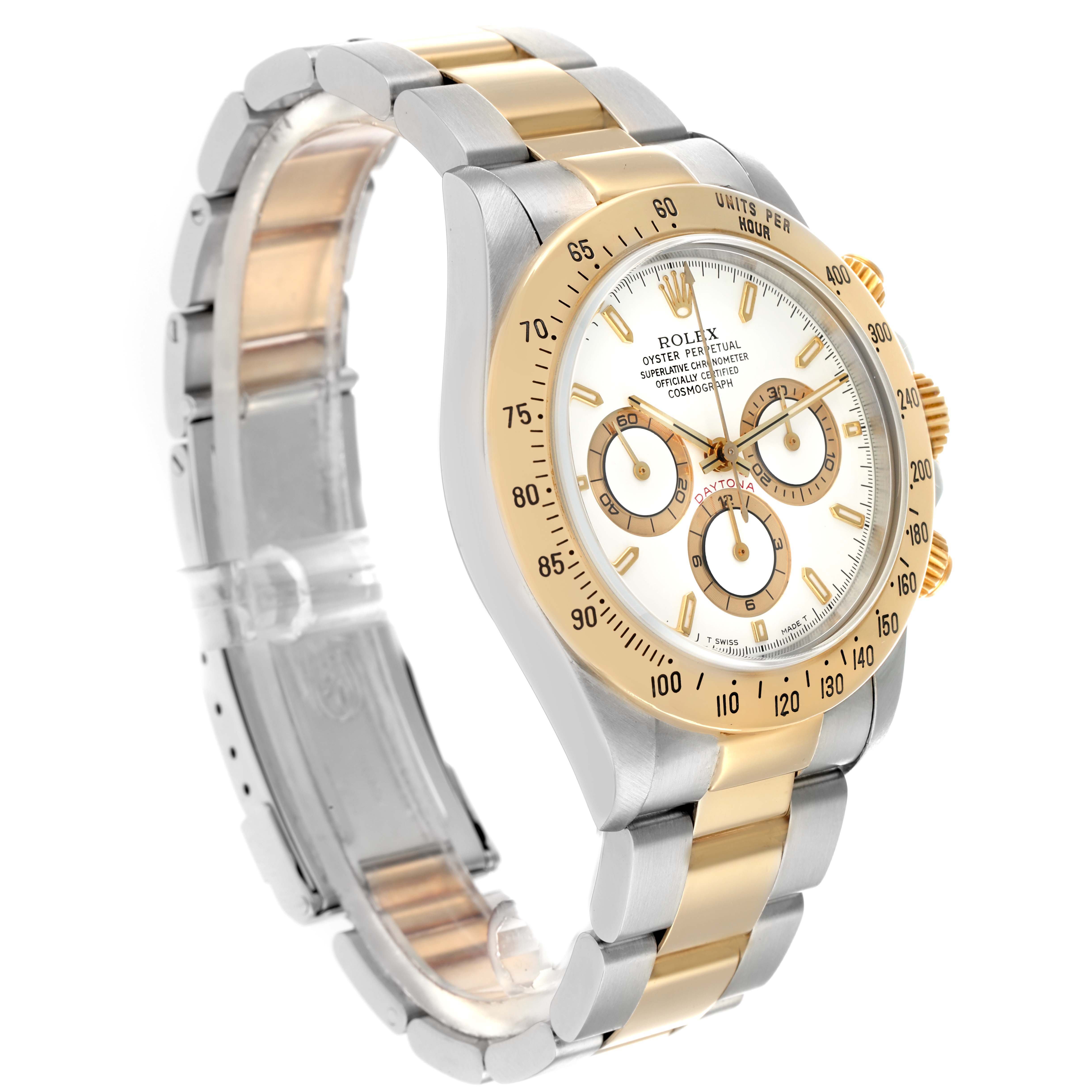 The Rolex Daytona 16523 Men's Steel and Gold (two tone) White Dial watch is shown at a three-quarter angle, displaying the dial, bezel, and bracelet.