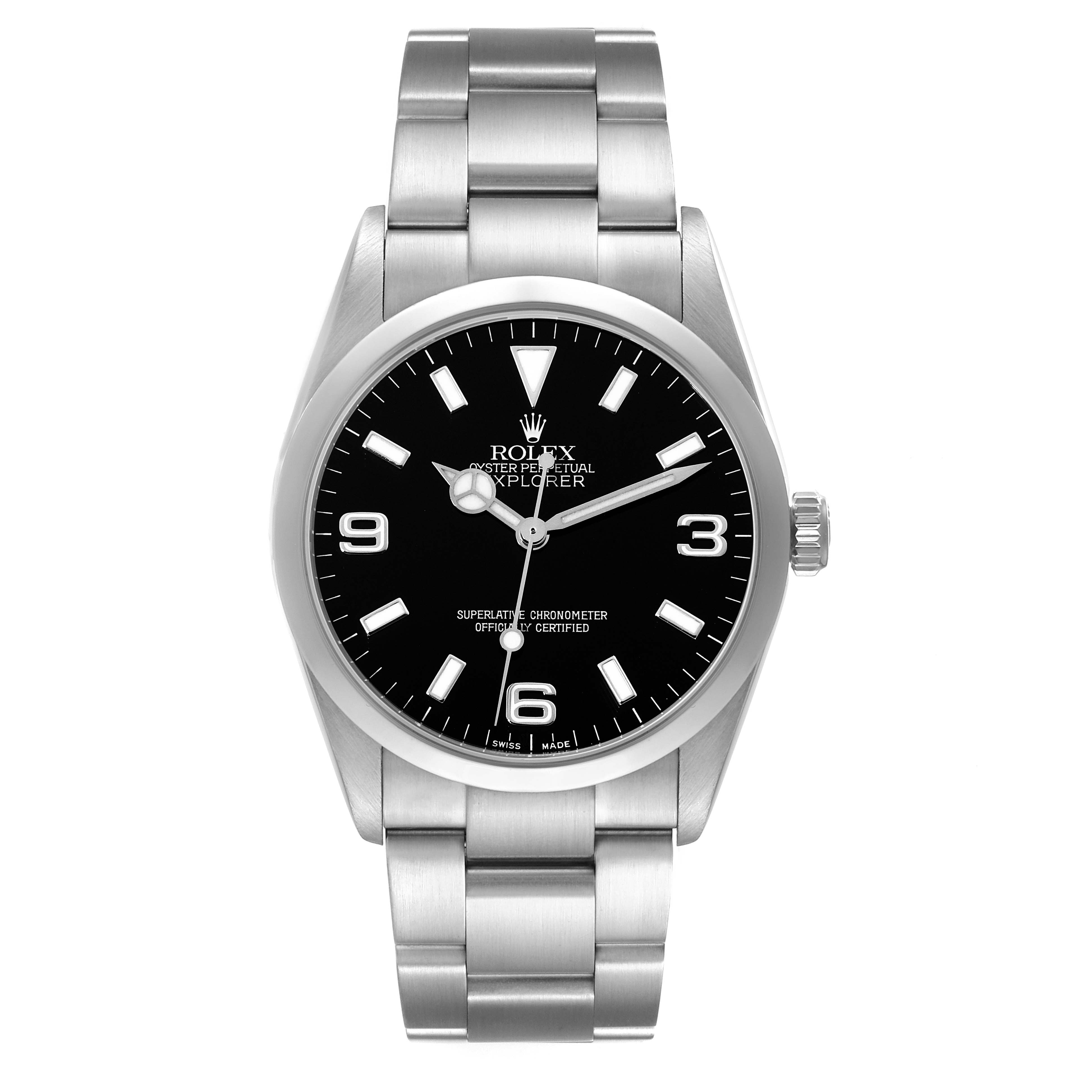 The Rolex Explorer 114270 Men
s Stainless Steel Black Dial 114270 Men
s Stainless Steel Black Dial watch is shown from a front angle, displaying its face, dial, bezel, and part of the bracelet.