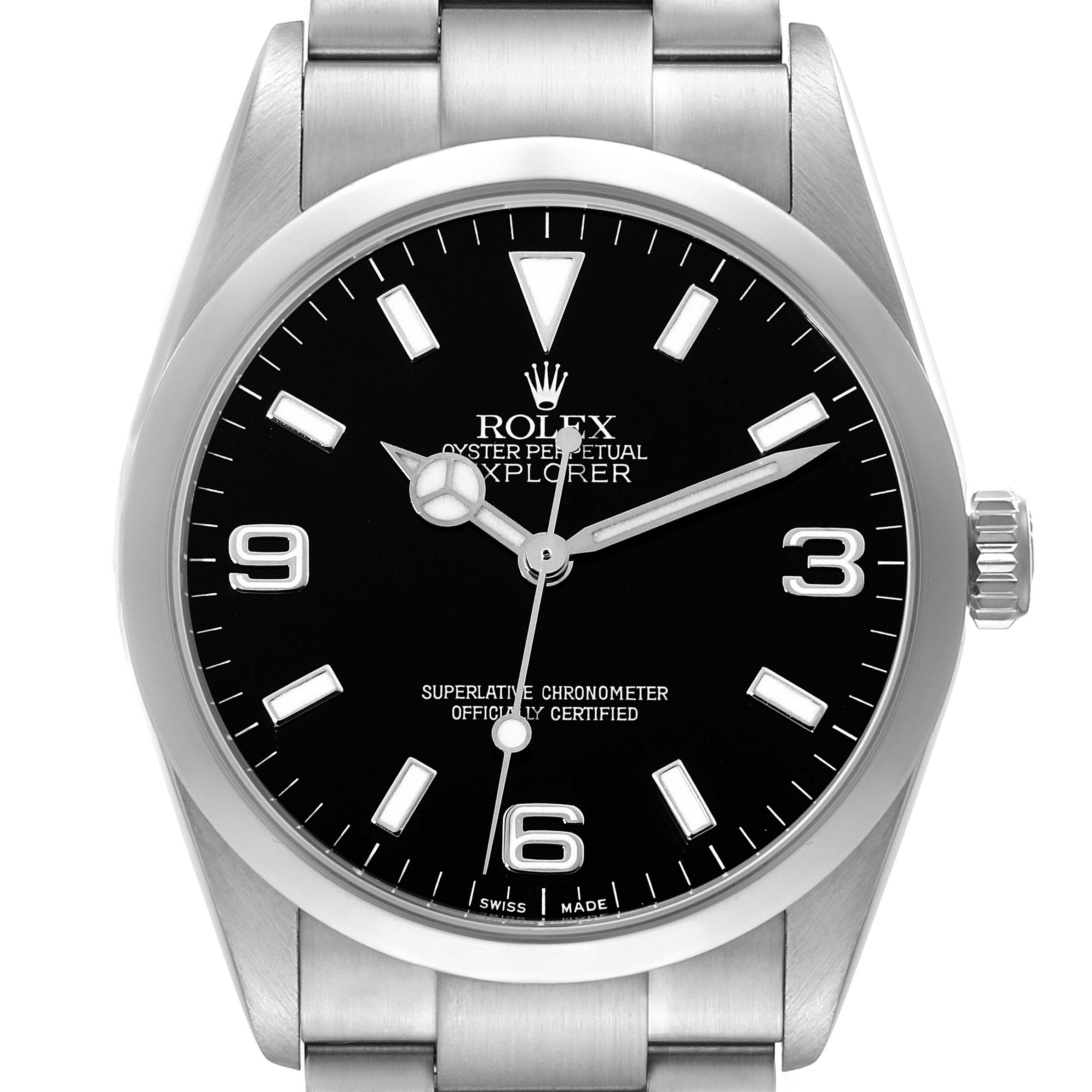 The image shows a front view of the Rolex Explorer 114270 Men
s Stainless Steel Black Dial 114270 Men
s Stainless Steel Black Dial watch face and a portion of its stainless steel bracelet.