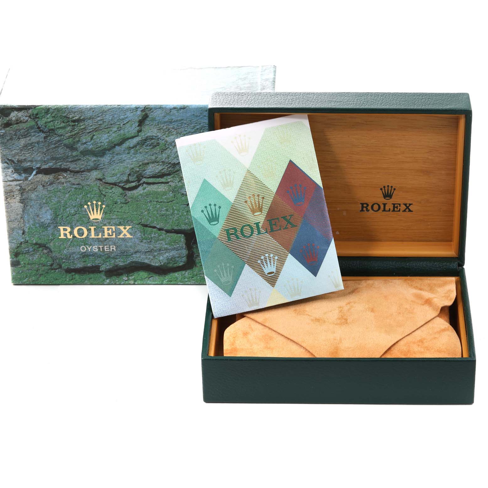 The image shows the packaging and accessories for a Rolex Explorer 114270 Men
s Stainless Steel Black Dial 114270 Men
s Stainless Steel Black Dial, including the outer box, inner box, booklet, and watch pouch.