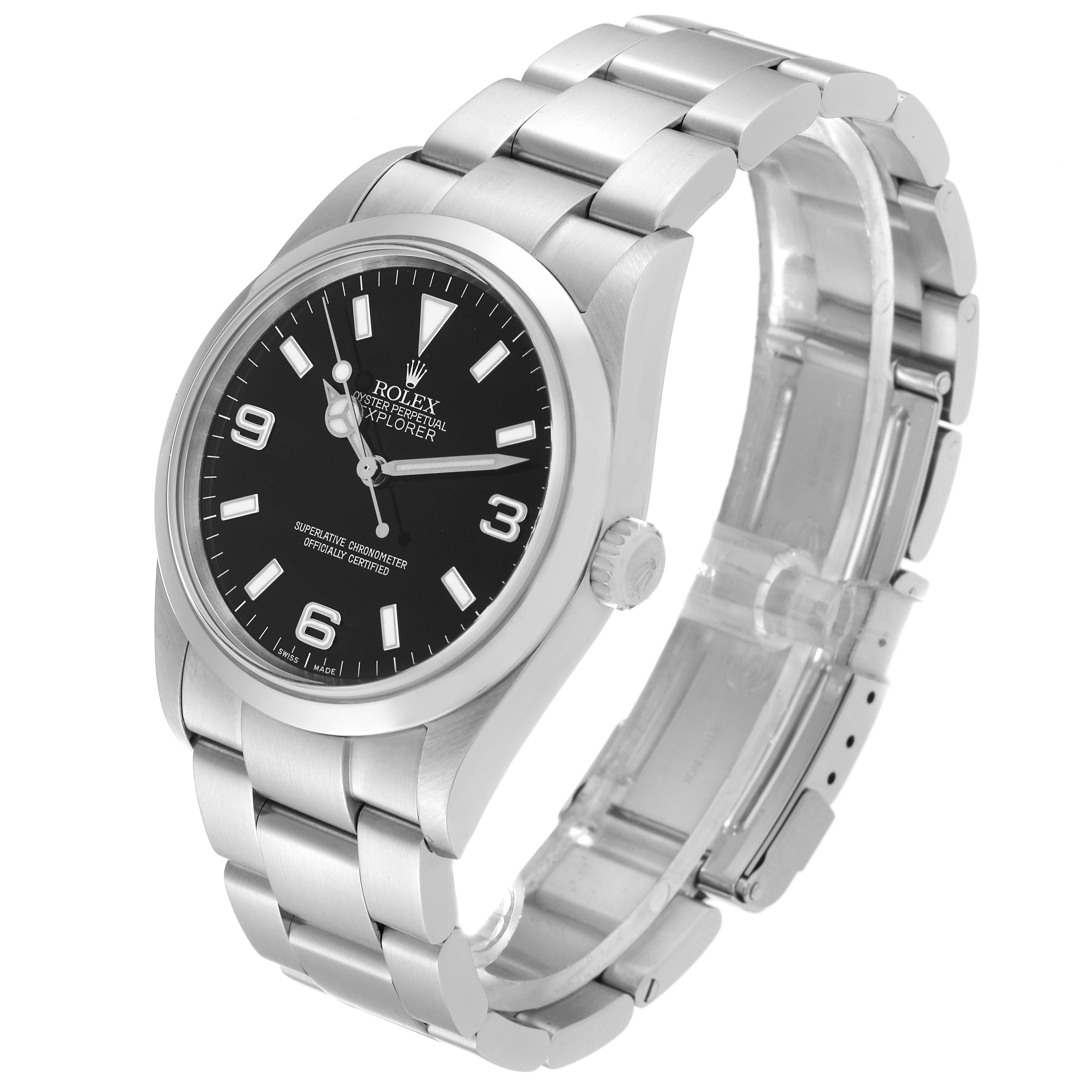 The Rolex Explorer 114270 Men
s Stainless Steel Black Dial 114270 Men
s Stainless Steel Black Dial watch is shown at a three-quarter angle, displaying the face, bezel, crown, and bracelet.