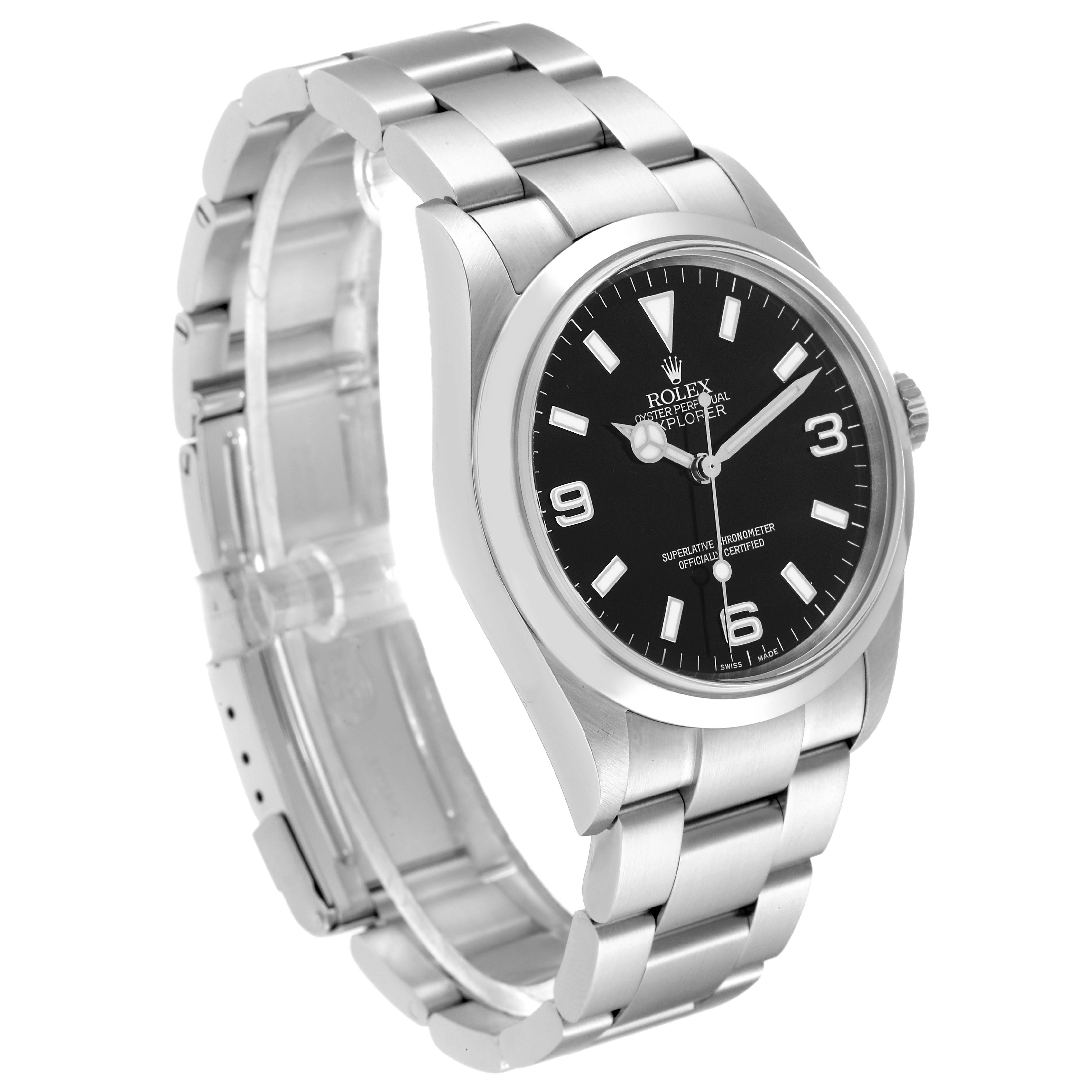 The Rolex Explorer 114270 Men
s Stainless Steel Black Dial 114270 Men
s Stainless Steel Black Dial watch is shown at a three-quarter angle, displaying the black dial, bezel, and stainless steel bracelet.