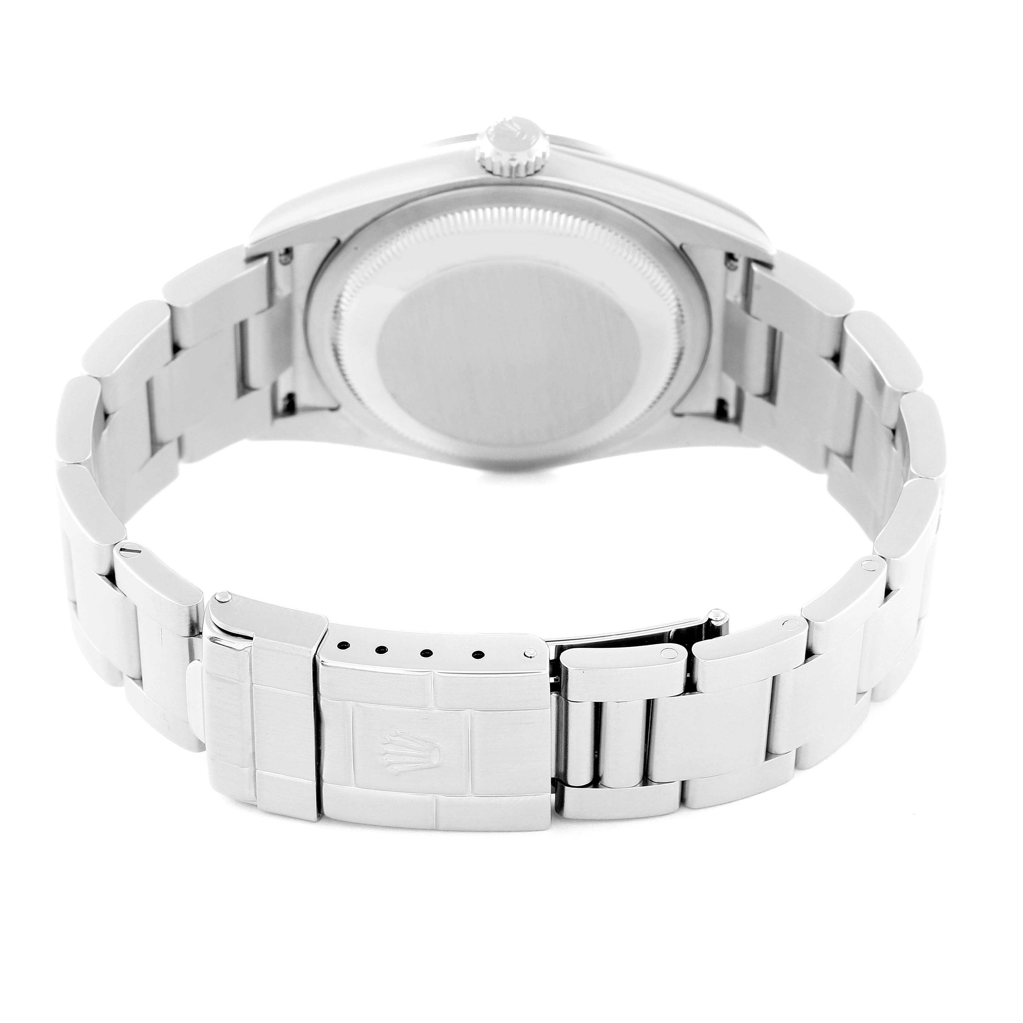 The image shows the back view of a Rolex Explorer 114270 Men
s Stainless Steel Black Dial 114270 Men
s Stainless Steel Black Dial watch, highlighting the clasp, bracelet, and case back.