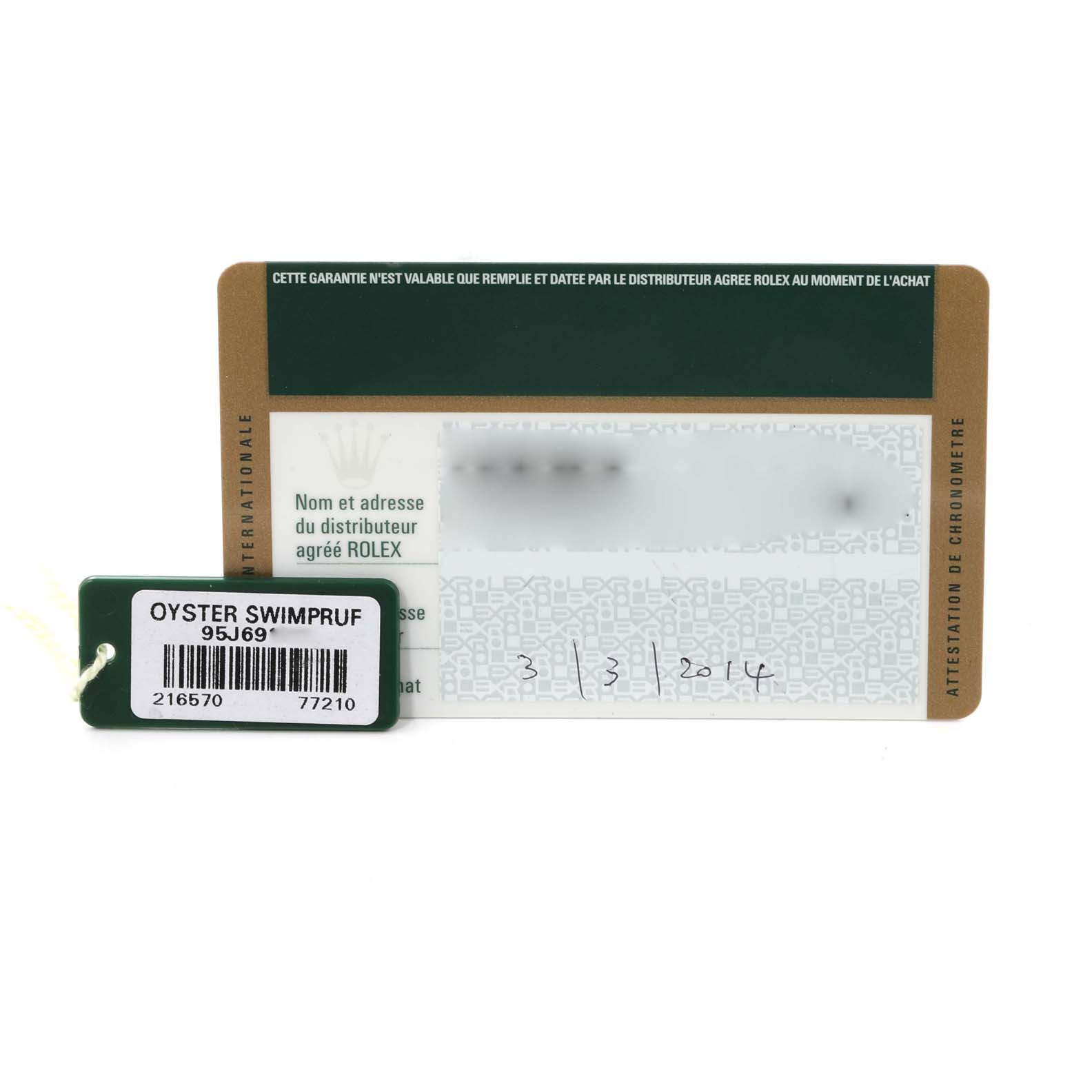 The image shows the warranty card and certification tag for a Rolex Explorer 216570 Men's Stainless Steel Black Dial 216570 Men's Stainless Steel Black Dial watch.