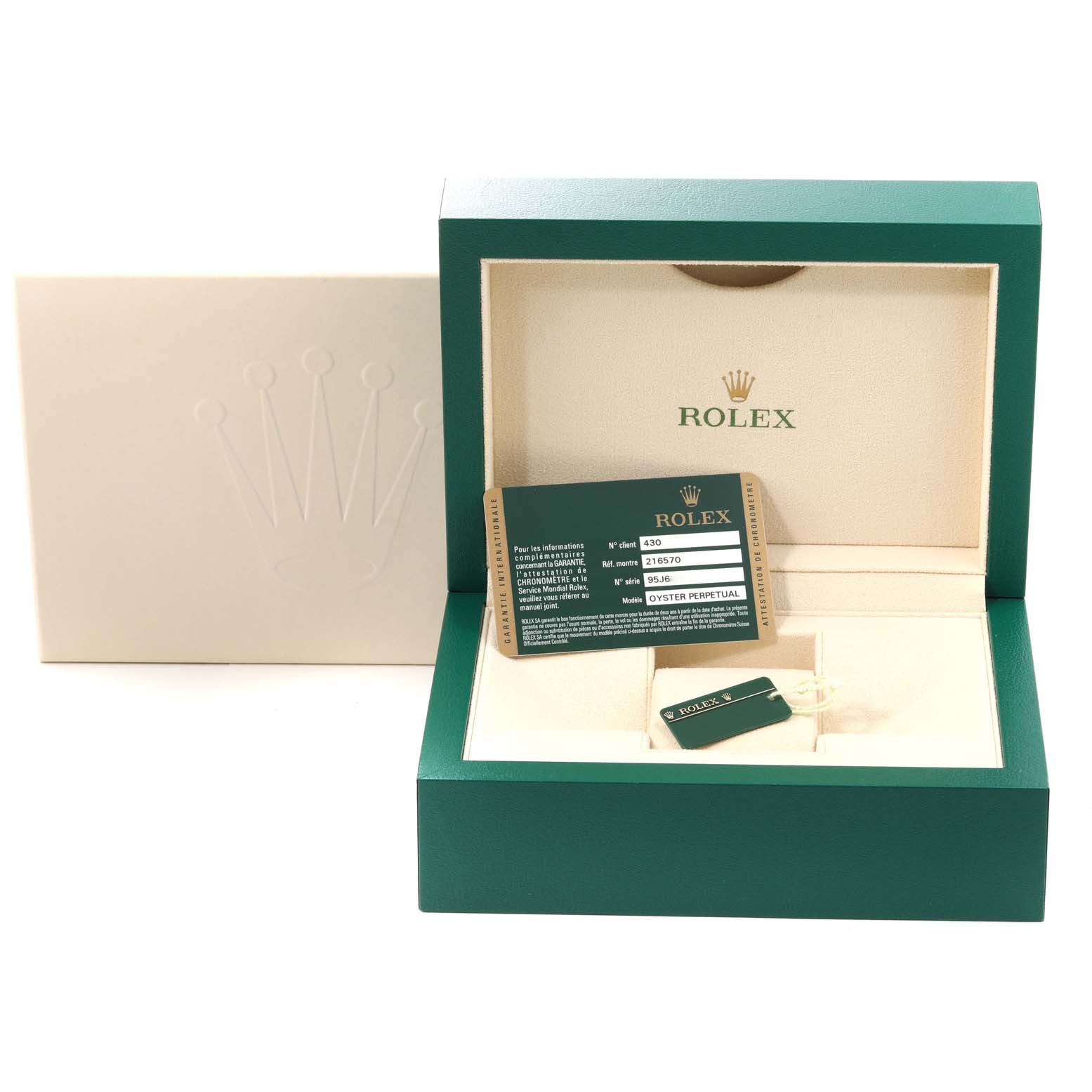 The image shows the Rolex Explorer 216570 Men's Stainless Steel Black Dial 216570 Men's Stainless Steel Black Dial watch packaging, display card, and accessories from a front angle.