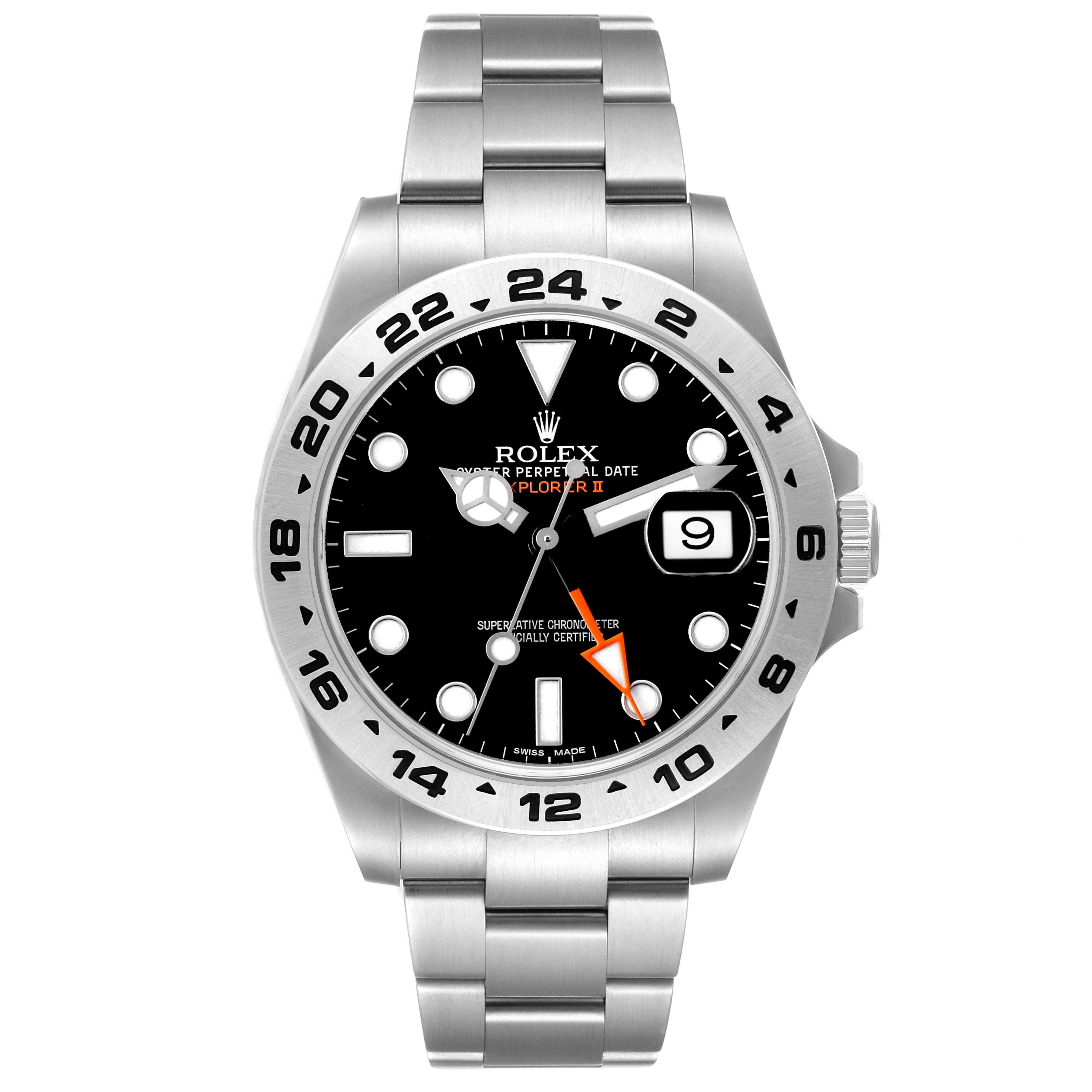 The Rolex Explorer 216570 Men's Stainless Steel Black Dial watch is shown from the front, displaying the dial, bezel, and bracelet.