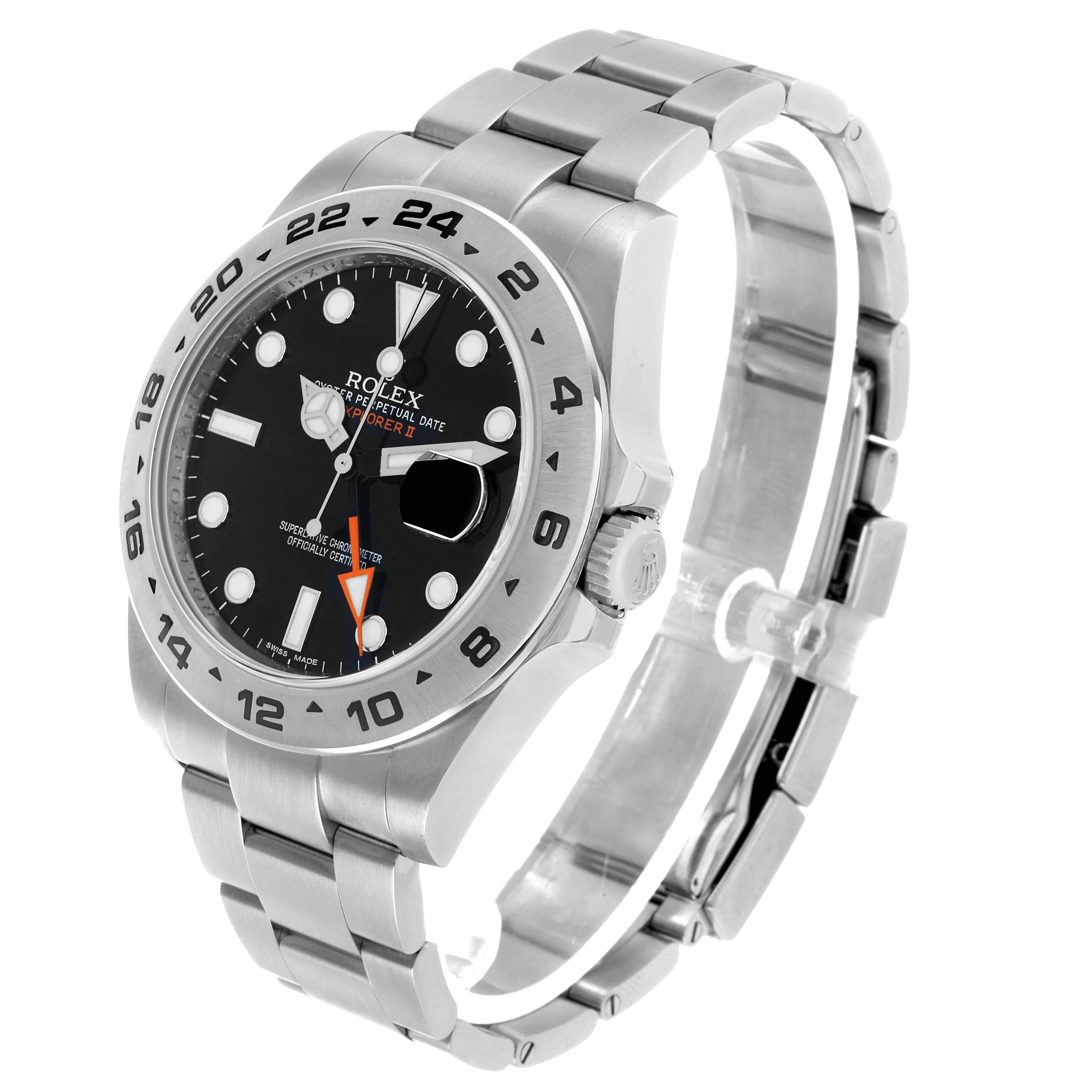 The Rolex Explorer 216570 Men's Stainless Steel Black Dial watch is shown at a three-quarter angle, displaying the dial, bezel, crown, and bracelet.