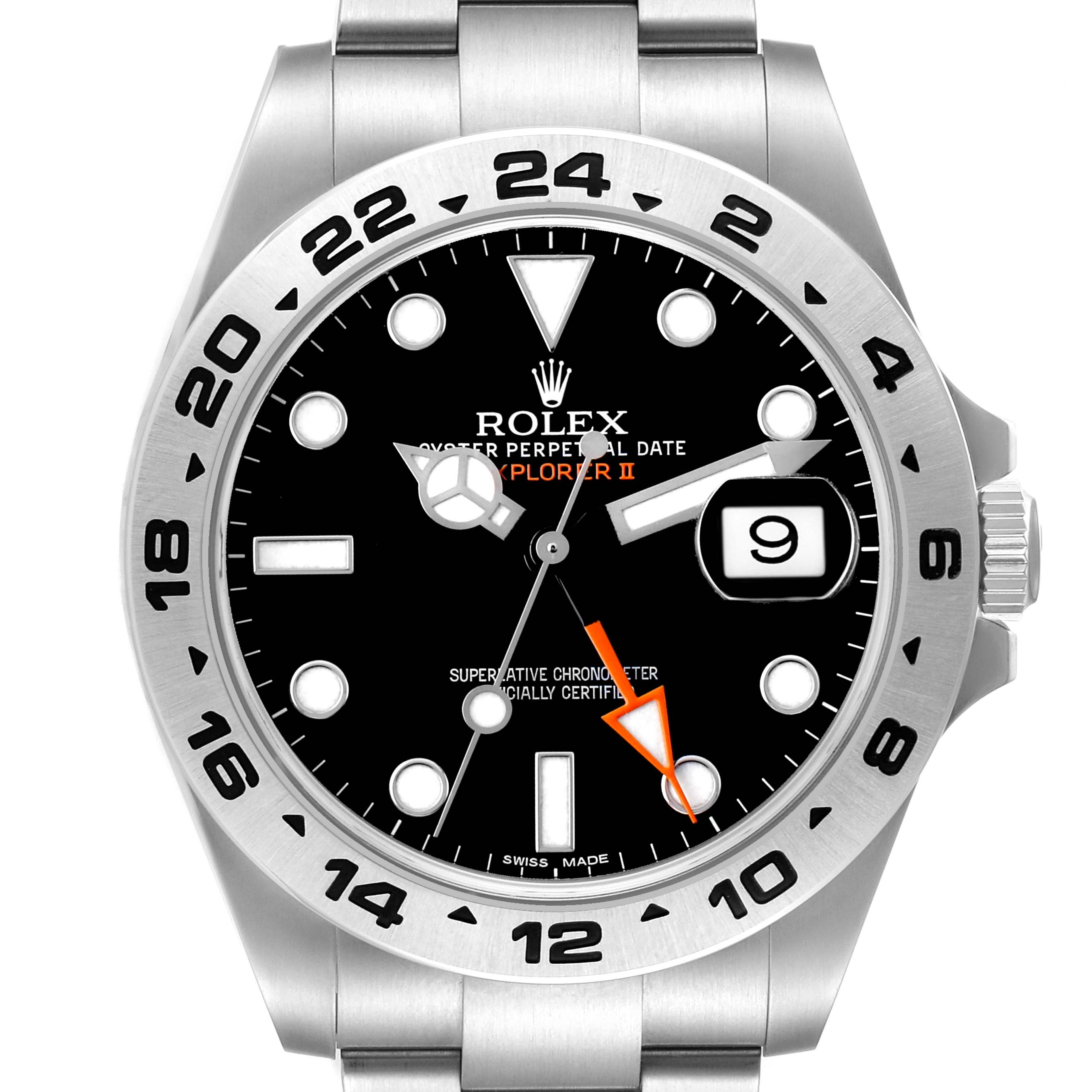 The Rolex Explorer 216570 Men's Stainless Steel Black Dial II is shown from the front, displaying its face, bezel, and partial bracelet.