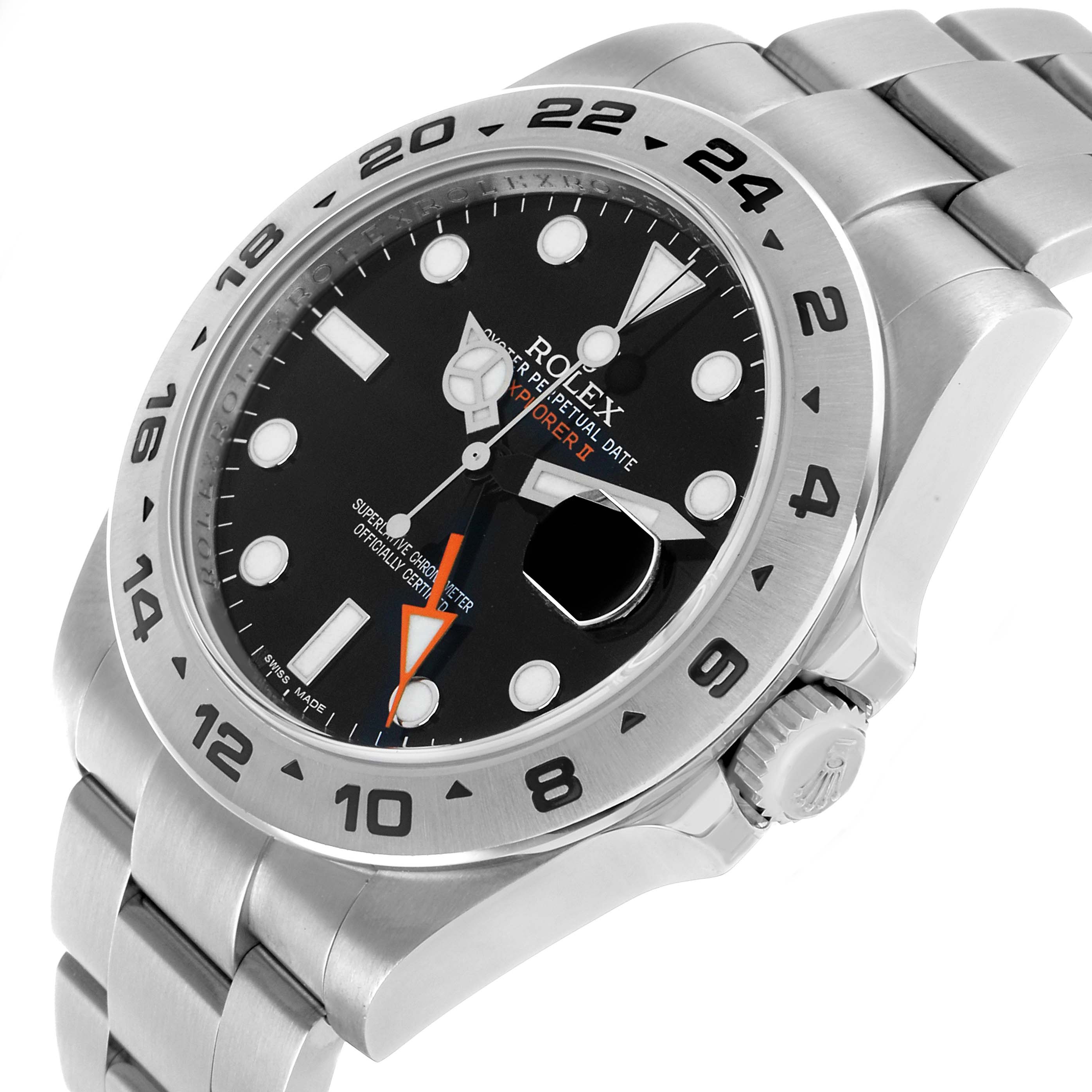 The Rolex Explorer 216570 Men's Stainless Steel Black Dial watch is shown from a low side angle, highlighting the bezel, dial, bracelet, and crown.