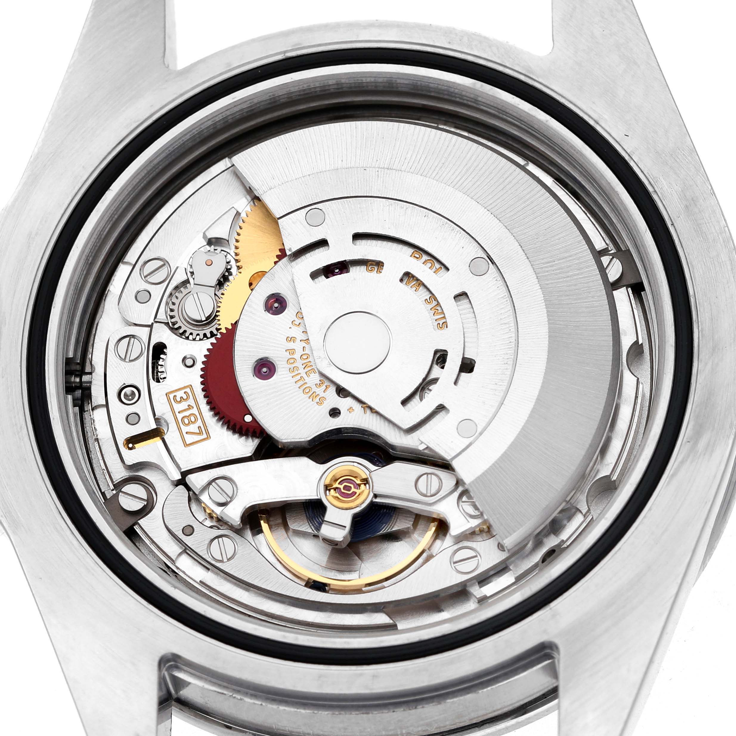 The image shows the back view of the Rolex Explorer 216570 Men's Stainless Steel Black Dial, highlighting its intricate internal mechanical movement.