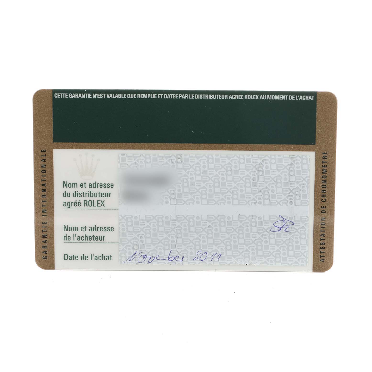 The image shows a warranty card for a Rolex Explorer 216570 Men's Stainless Steel Black Dial watch, detailing purchase information.
