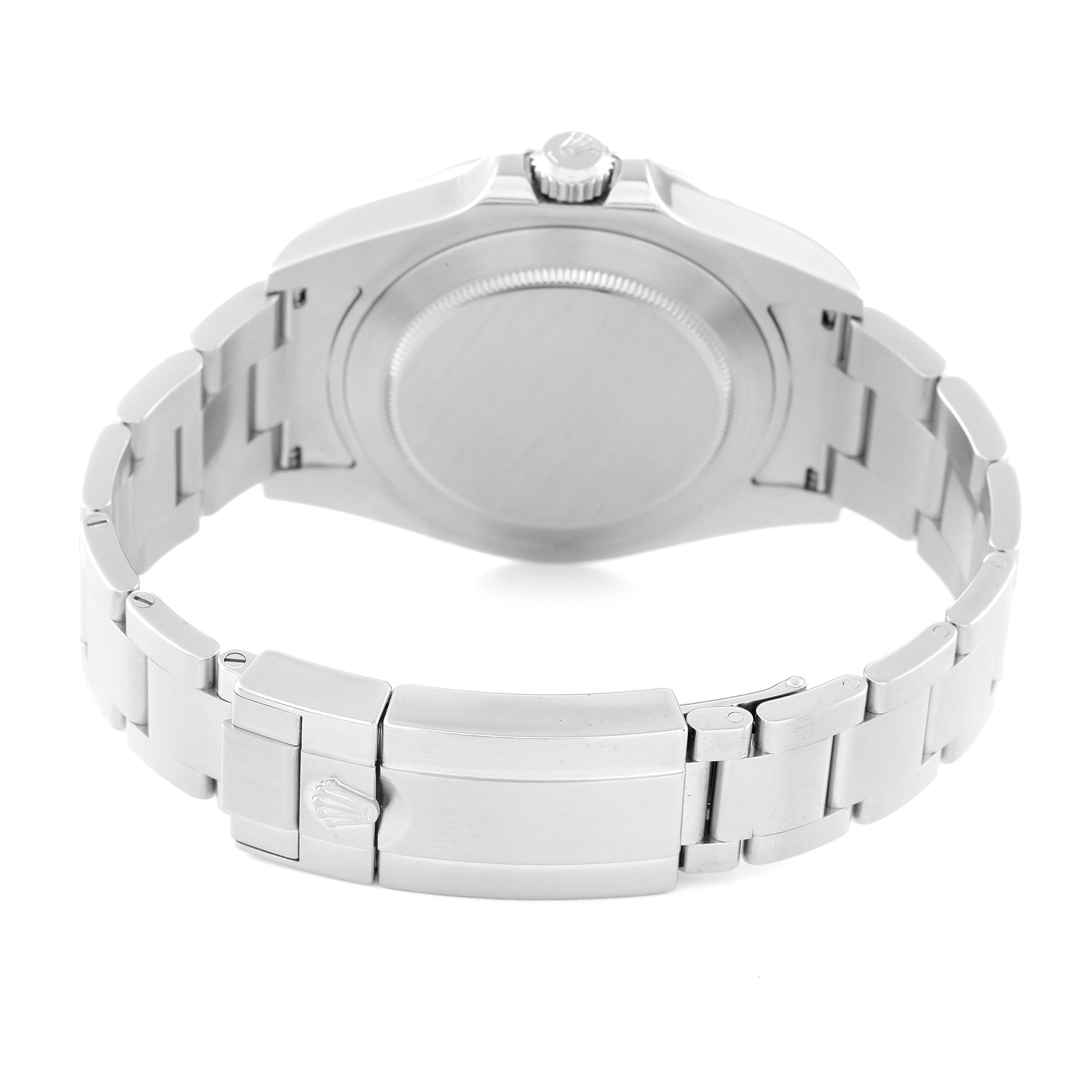This image shows the back and clasp of the Rolex Explorer 216570 Men
s Stainless Steel White Dial 216570 Men
s Stainless Steel White Dial watch, highlighting its stainless steel bracelet and case back.
