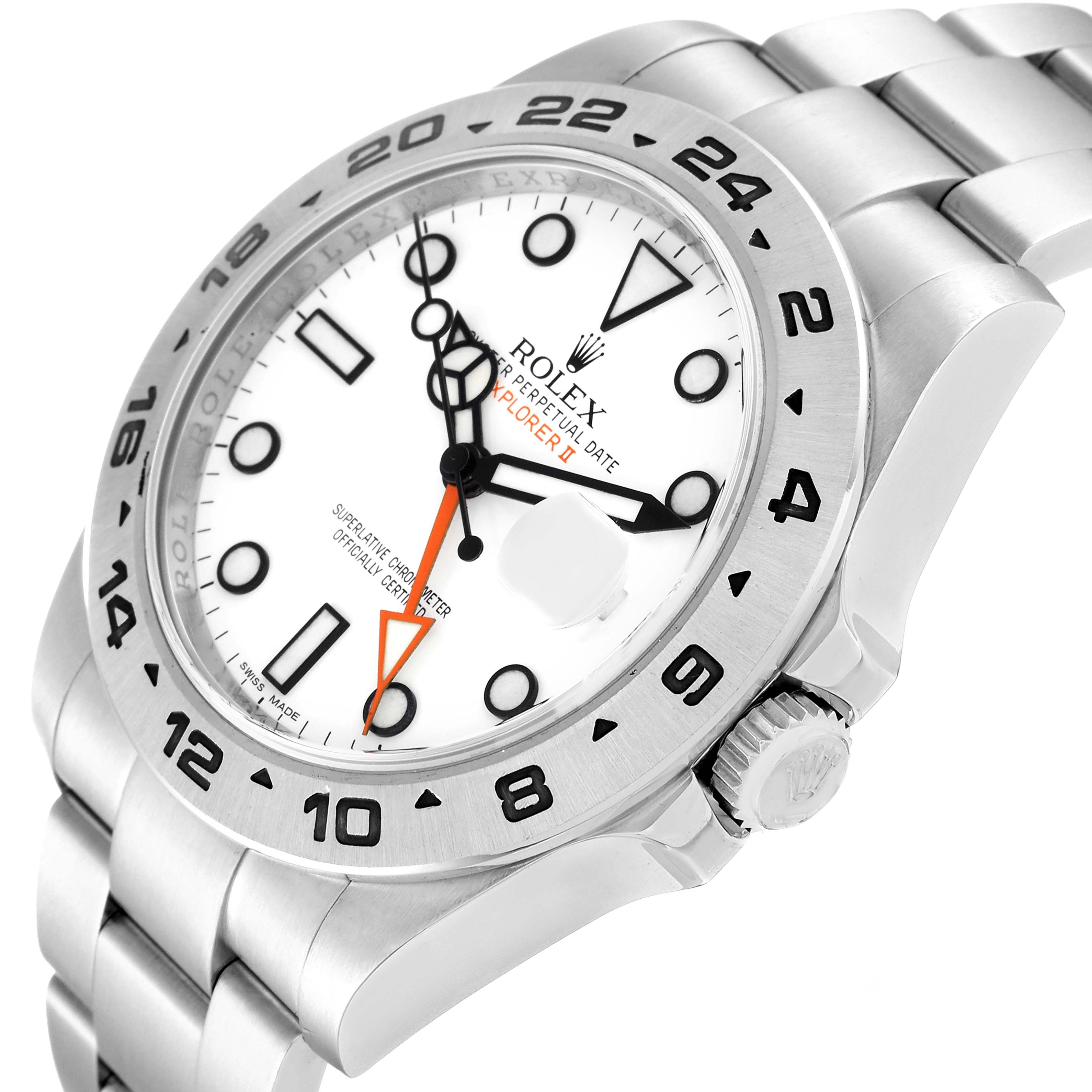 The image shows a Rolex Explorer 216570 Men
s Stainless Steel White Dial 216570 Men
s Stainless Steel White Dial watch at an angle, highlighting its bezel, crown, dial, hands, and part of the bracelet.