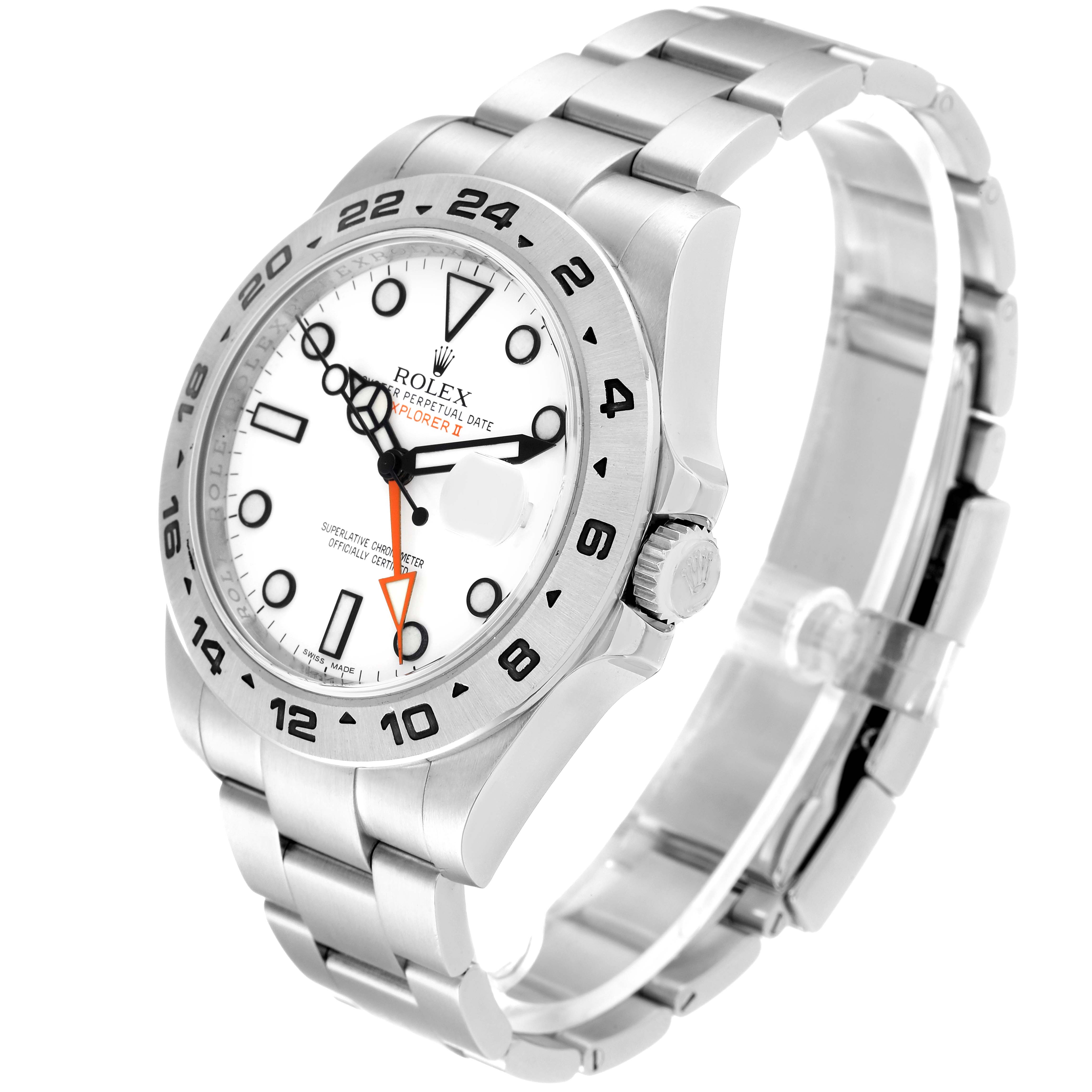 This image shows a Rolex Explorer 216570 Men
s Stainless Steel White Dial 216570 Men
s Stainless Steel White Dial model watch from a three-quarter angle, highlighting the face, bezel, crown, and bracelet.