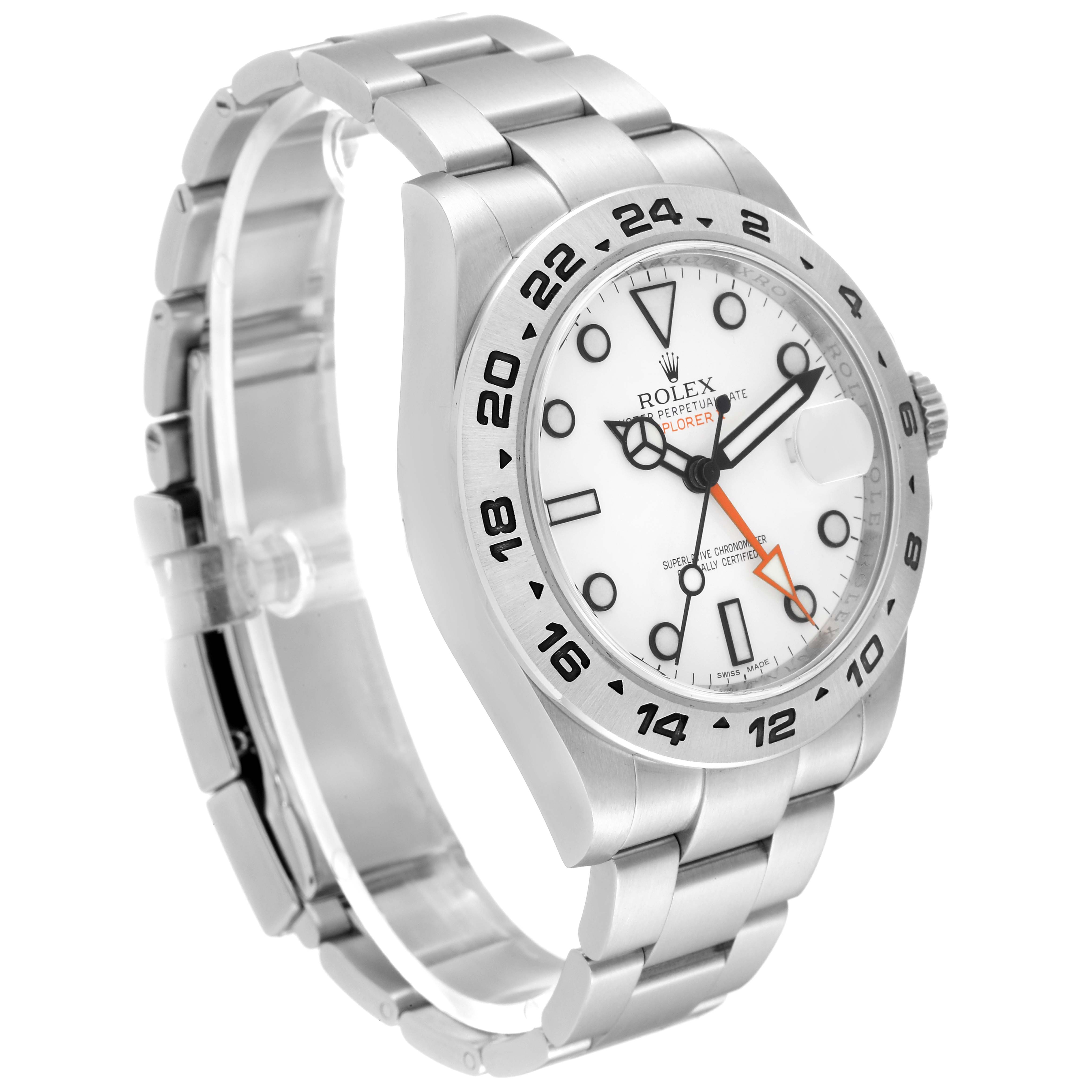 The image shows a side angle of the Rolex Explorer 216570 Men
s Stainless Steel White Dial 216570 Men
s Stainless Steel White Dial watch, displaying its bracelet, bezel, dial, and crown.
