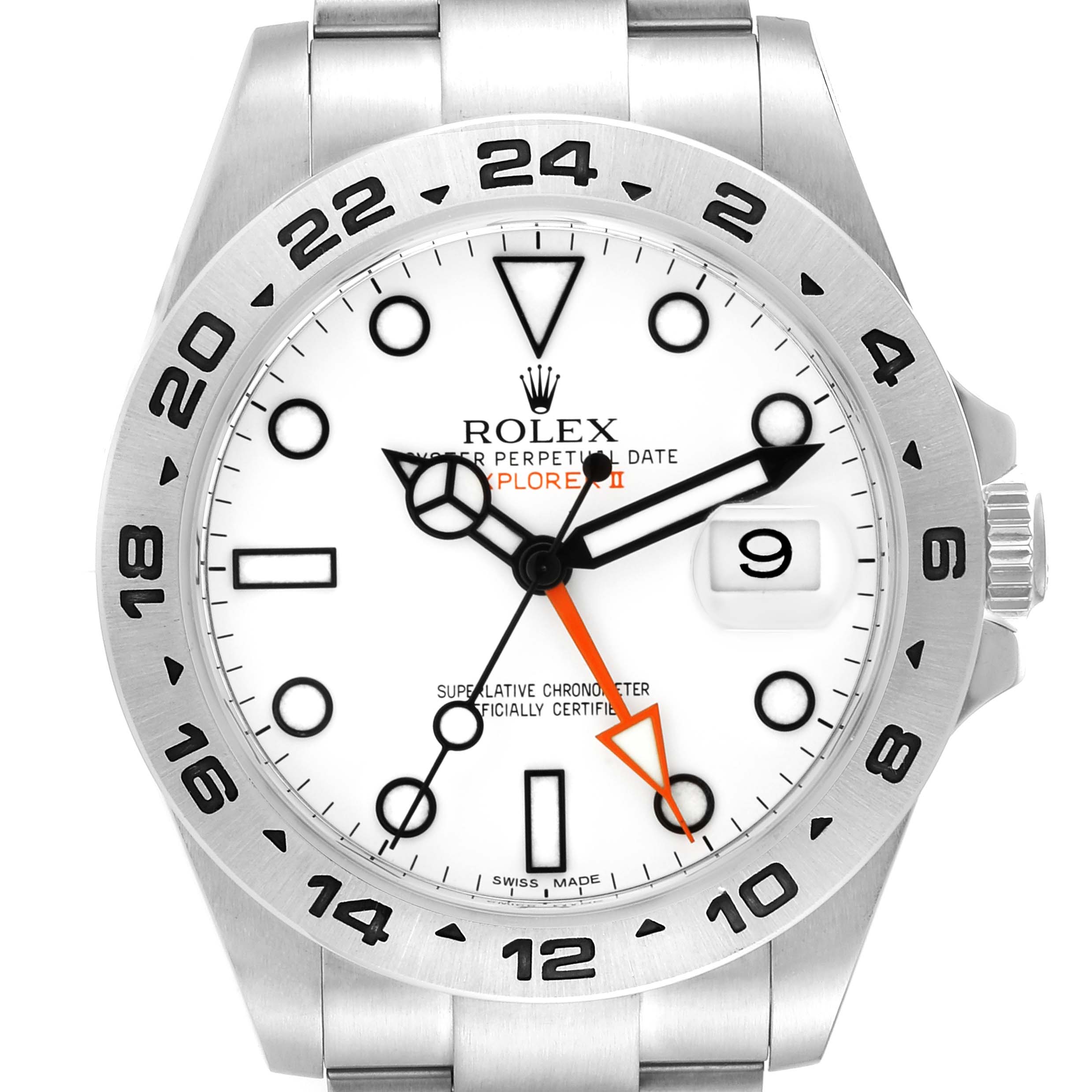 The image shows a front view of the Rolex Explorer 216570 Men
s Stainless Steel White Dial 216570 Men
s Stainless Steel White Dial watch, highlighting the face, bezel, hands, and part of the bracelet.