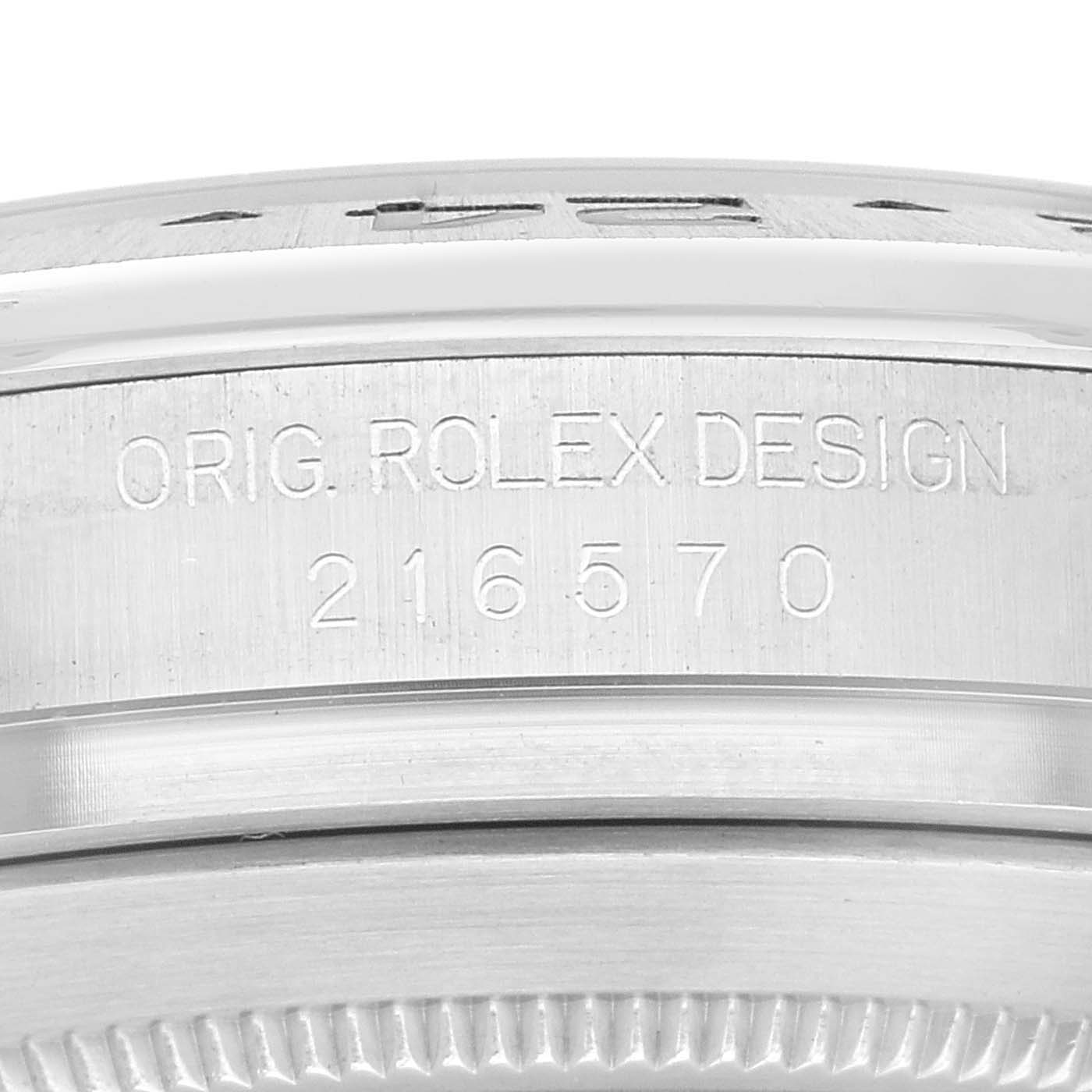 This close-up image shows the side of the case of a Rolex Explorer 216570 Men
s Stainless Steel White Dial 216570 Men
s Stainless Steel White Dial watch, displaying the model number 216570.