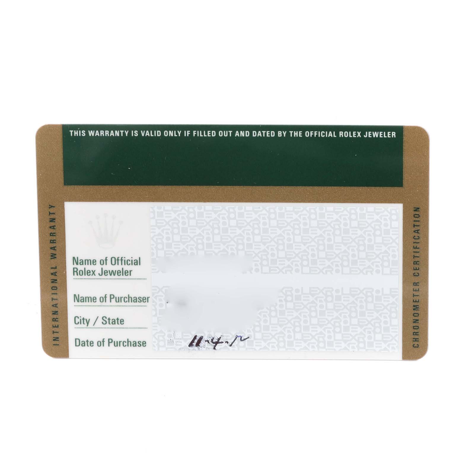 The image shows the official warranty card for the Rolex Explorer 216570 Men
s Stainless Steel White Dial 216570 Men
s Stainless Steel White Dial watch, including purchaser and jeweler information sections.
