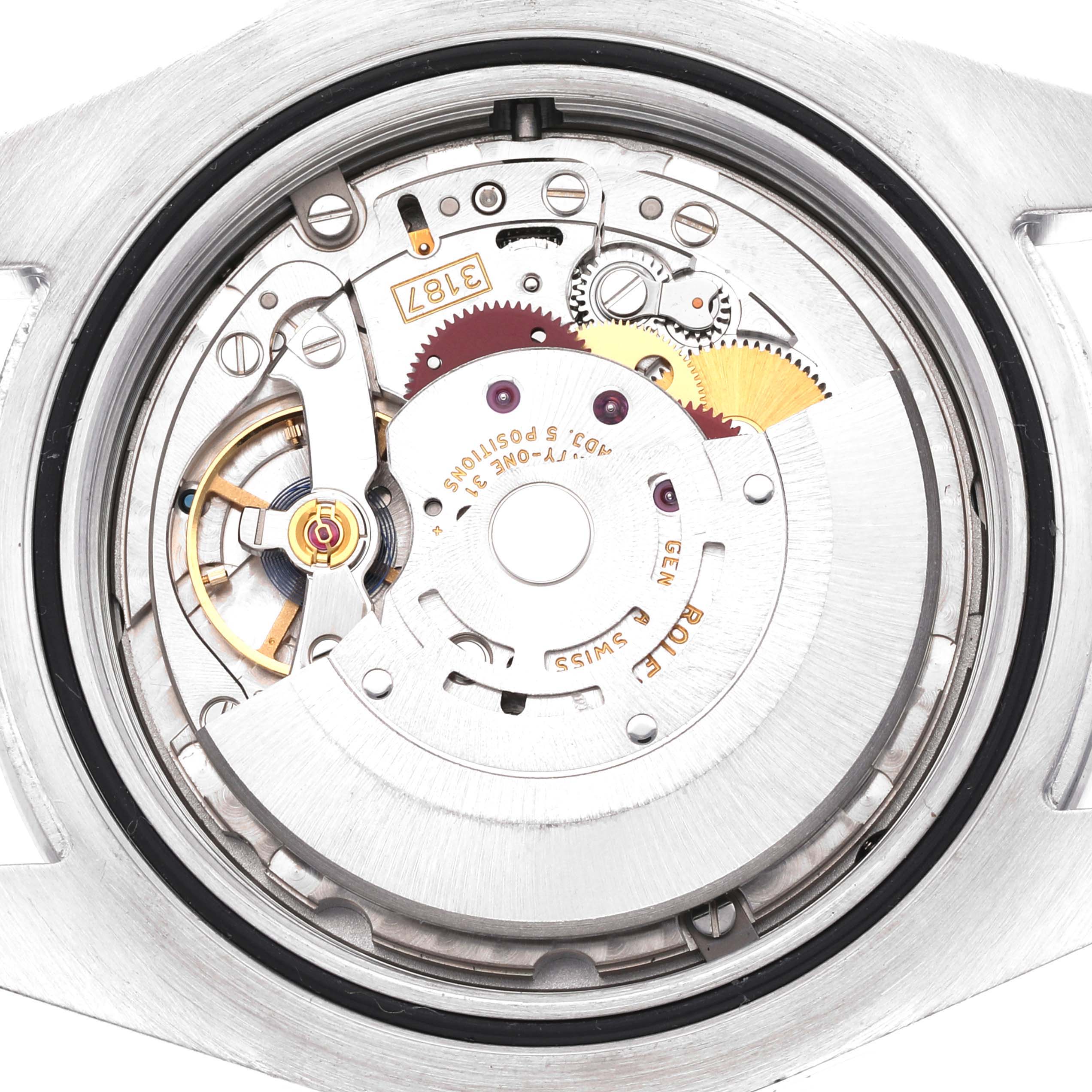 This is an interior view of the Rolex Explorer 216570 Men
s Stainless Steel White Dial 216570 Men
s Stainless Steel White Dial model, showing the intricate mechanical movement components.