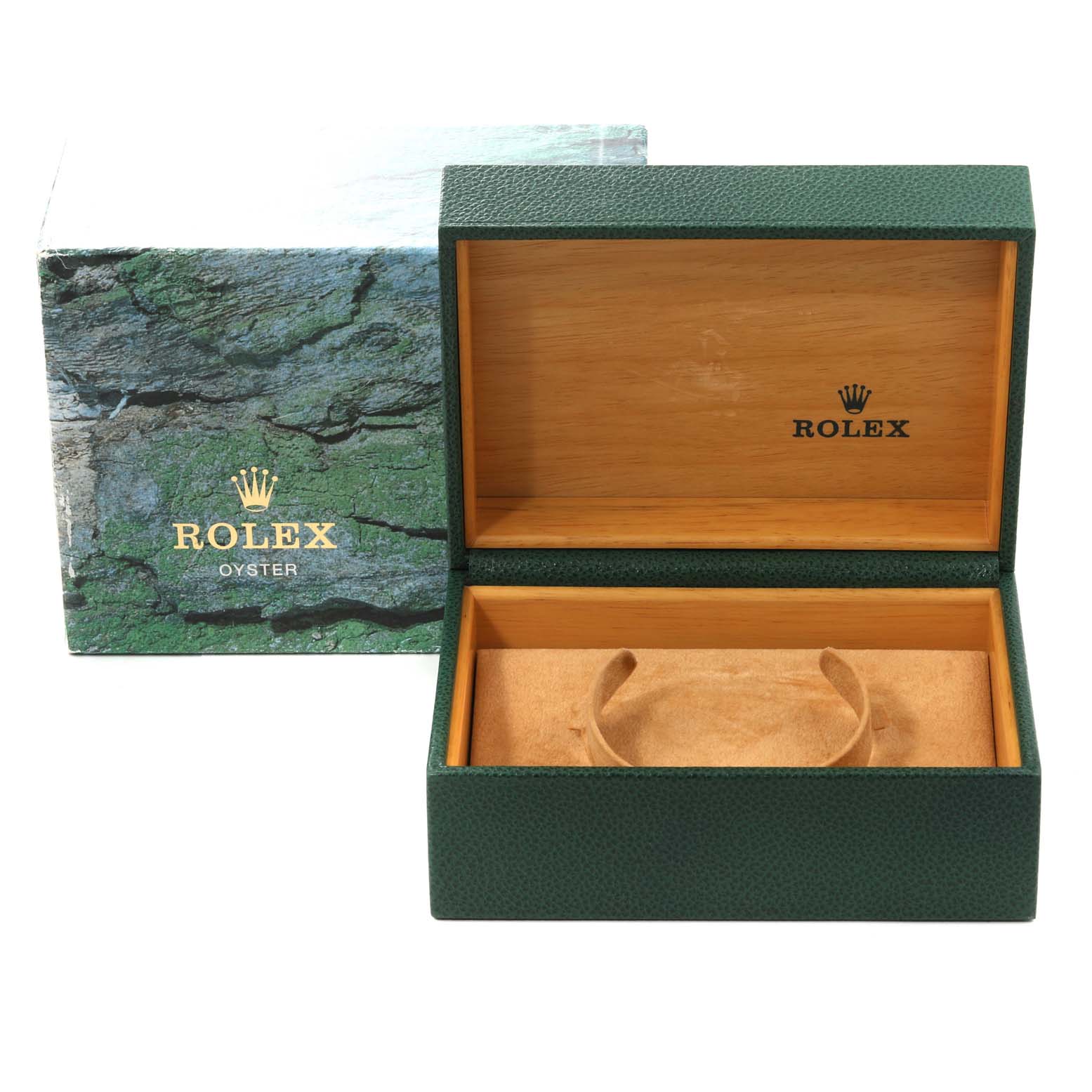 The image shows an open Rolex Explorer 16570 Men
s Stainless Steel Black Dial 16570 Men
s Stainless Steel Black Dial watch box with a cushion holder, accompanied by its outer packaging box.
