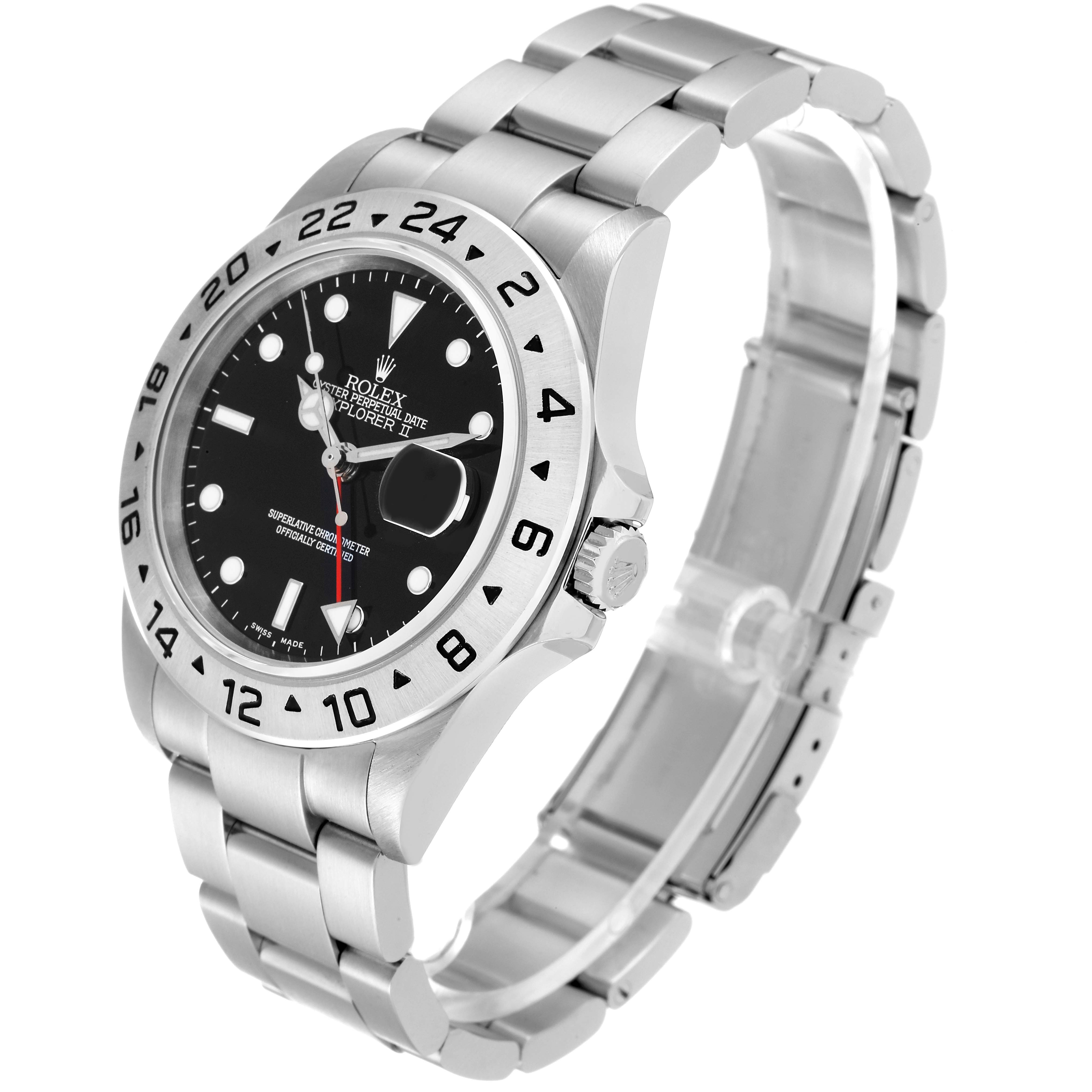 This image shows the Rolex Explorer 16570 Men
s Stainless Steel Black Dial 16570 Men
s Stainless Steel Black Dial watch at a semi-side angle, highlighting the bezel, dial, and bracelet.
