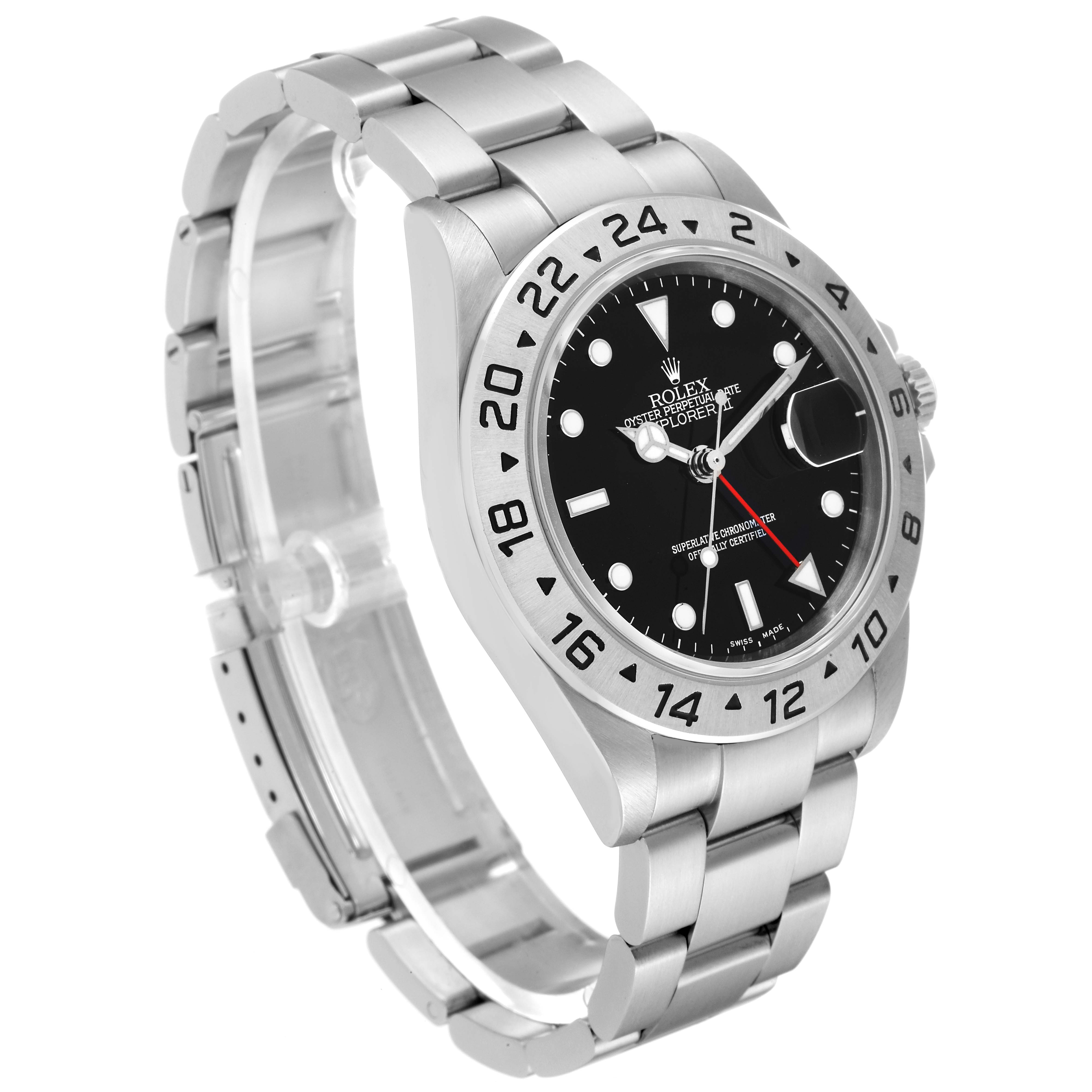 The Rolex Explorer 16570 Men
s Stainless Steel Black Dial 16570 Men
s Stainless Steel Black Dial watch is shown at an angled side view, displaying the face, bezel, crown, and part of the bracelet.