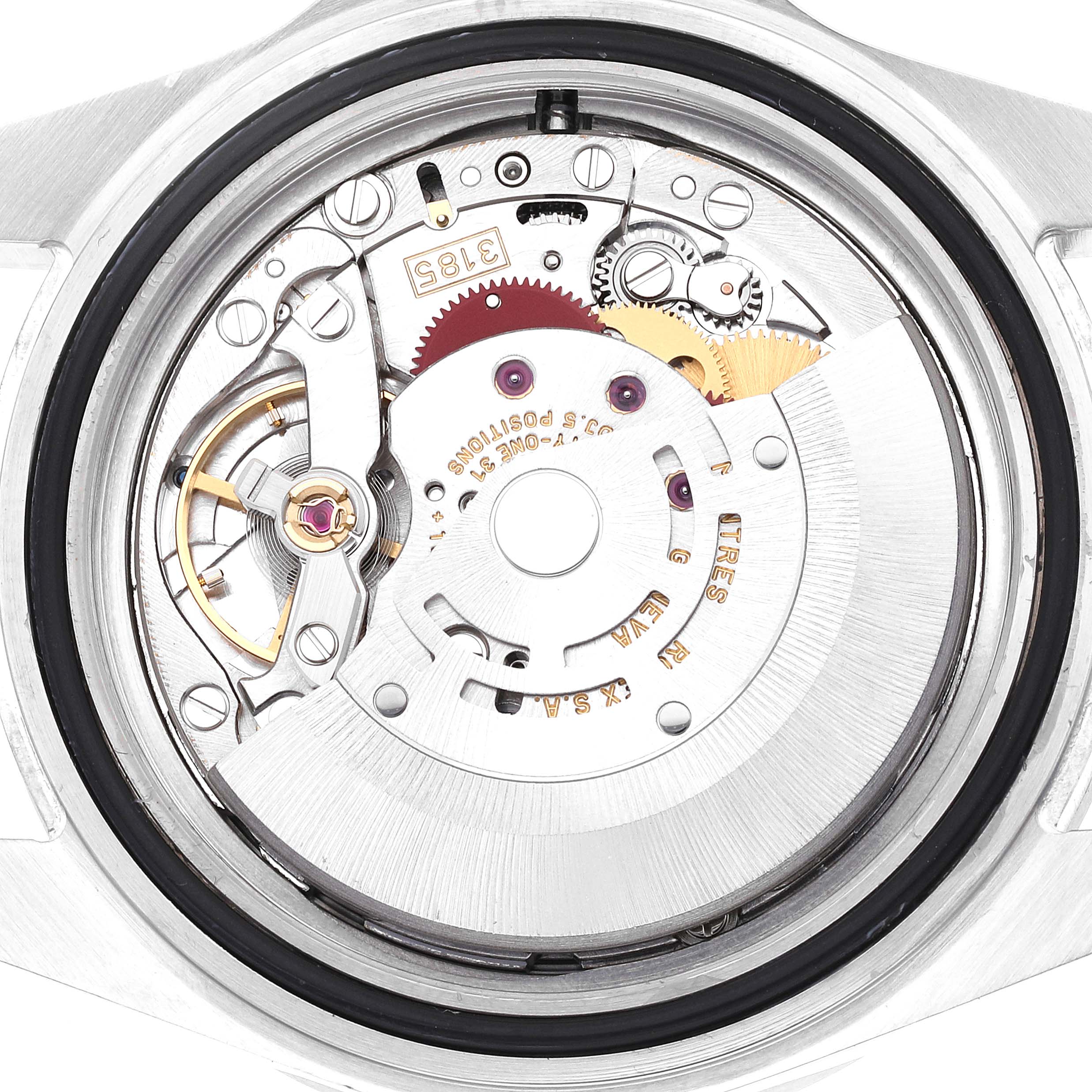 This image shows a close-up view of the internal movement mechanism of a Rolex Explorer 16570 Men
s Stainless Steel Black Dial 16570 Men
s Stainless Steel Black Dial watch.