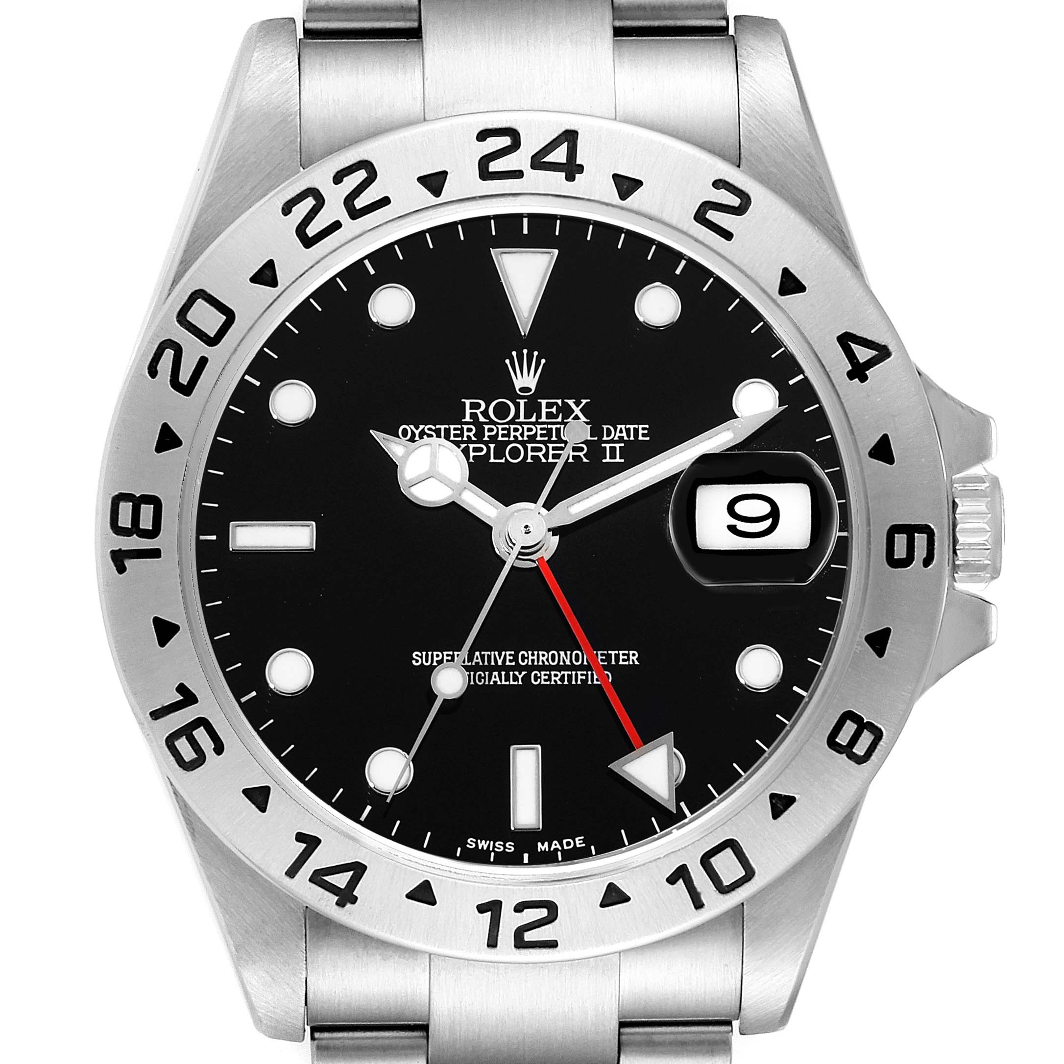The image shows a front view of a Rolex Explorer 16570 Men
s Stainless Steel Black Dial 16570 Men
s Stainless Steel Black Dial watch, highlighting the dial, bezel, and part of the bracelet.