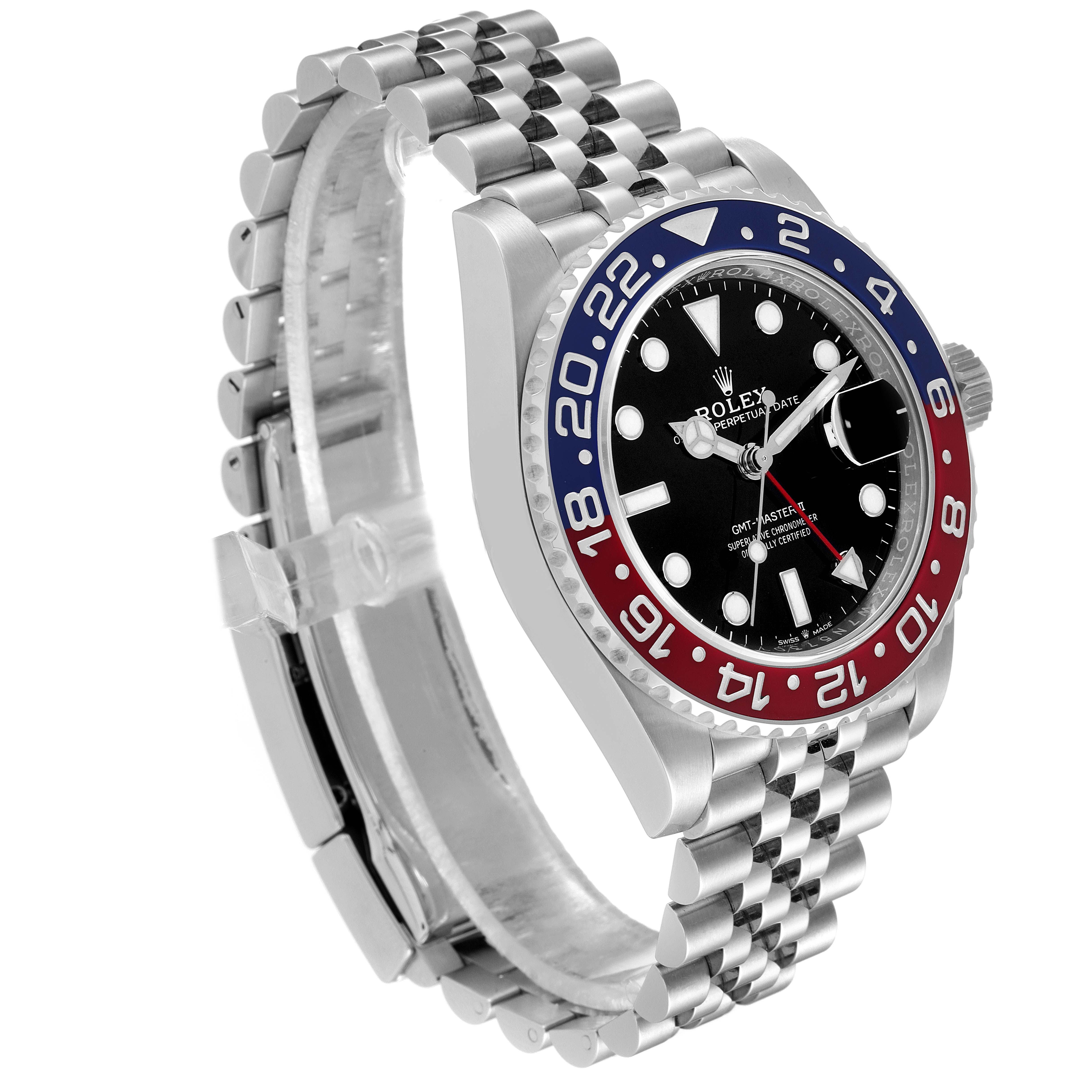 This image shows a Rolex GMT-Master 126710 Men
s Stainless Steel Black Dial 126710 Men
s Stainless Steel Black Dial watch at a three-quarter angle, highlighting the bezel, dial, and bracelet.