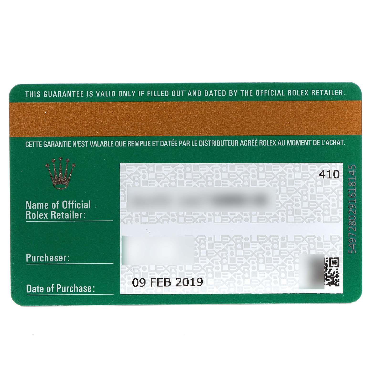 This image shows the guarantee card for the Rolex GMT-Master 126710 Men
s Stainless Steel Black Dial 126710 Men
s Stainless Steel Black Dial, indicating purchase details and retailer information.