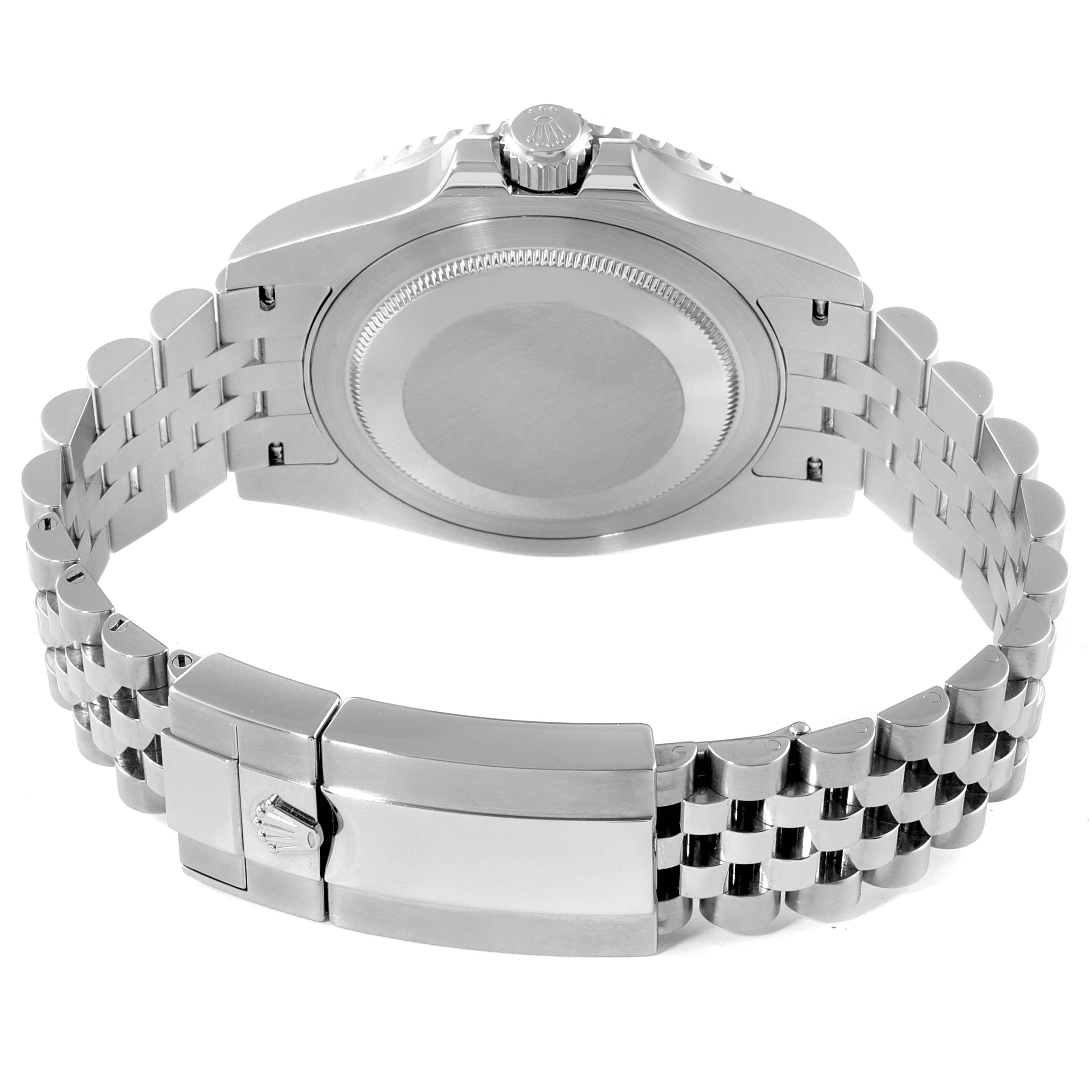 The image shows the back case and clasp of a Rolex GMT-Master 126710 Men
s Stainless Steel Black Dial 126710 Men
s Stainless Steel Black Dial watch from an underside angle.