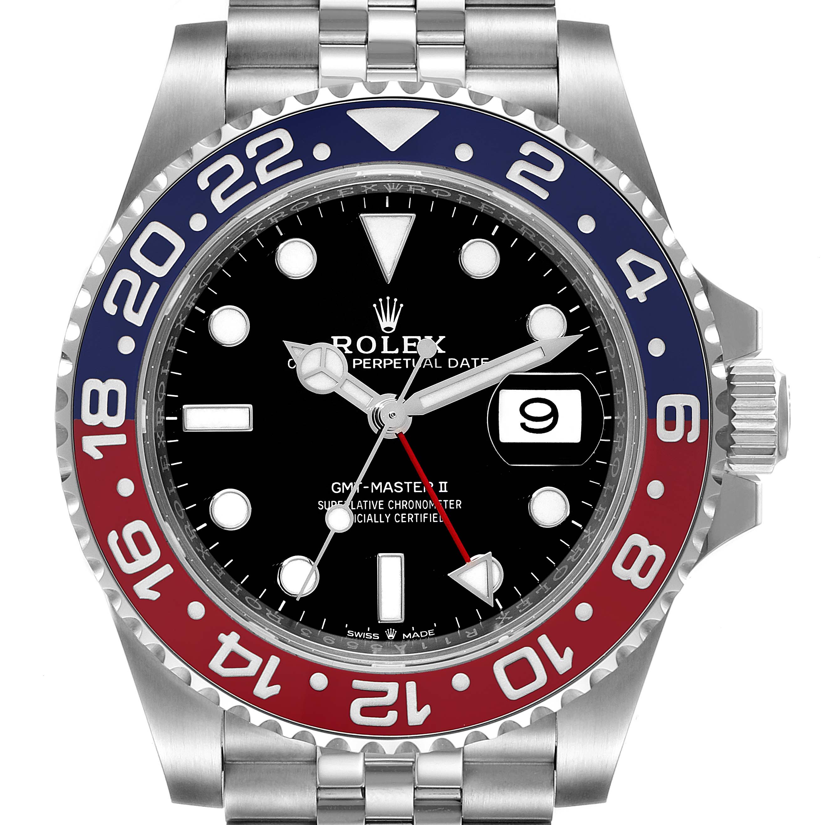 The image shows a front view of a Rolex GMT-Master 126710 Men
s Stainless Steel Black Dial 126710 Men
s Stainless Steel Black Dial II watch, highlighting the dial, bezel, and bracelet.