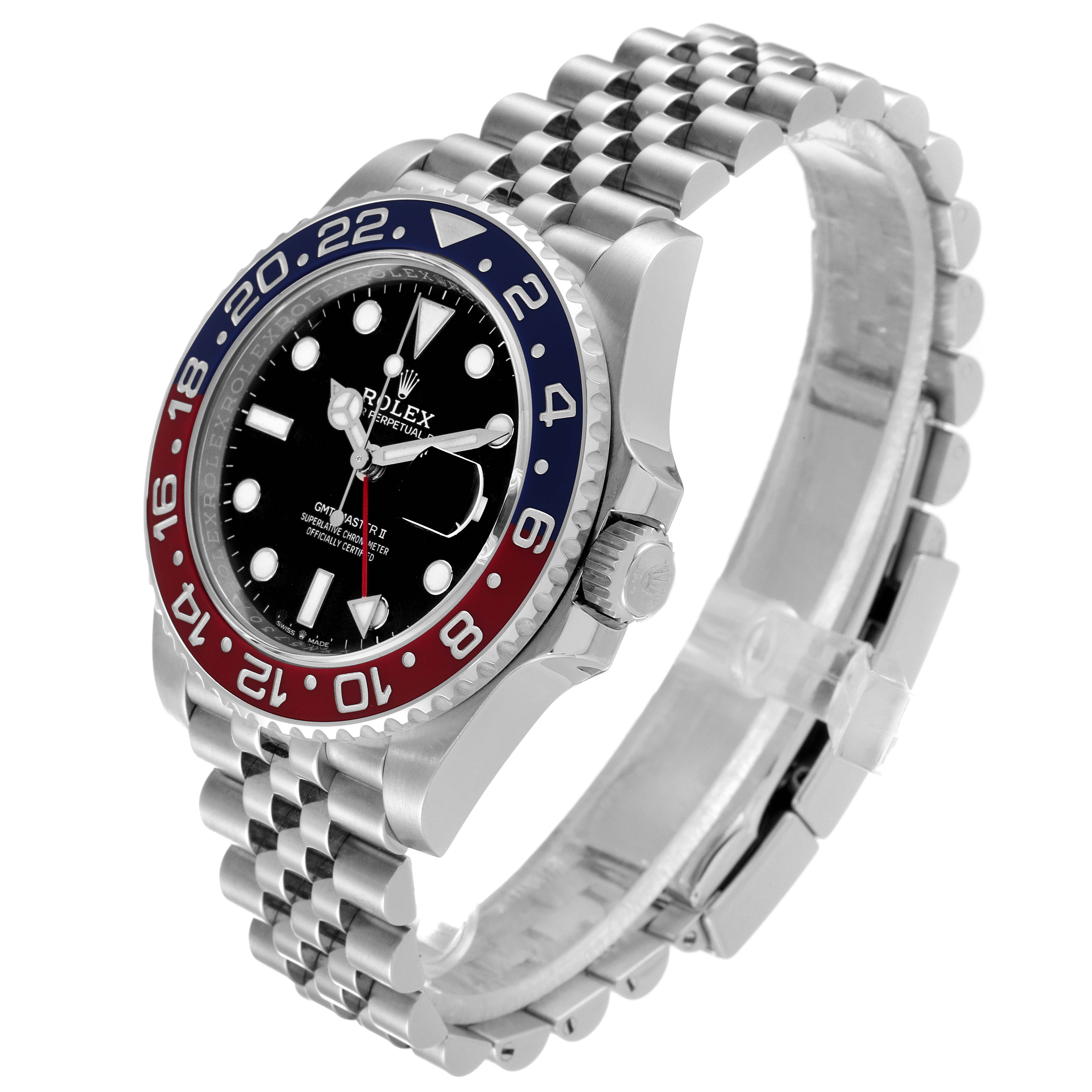 The image shows a Rolex GMT-Master 126710 Men
s Stainless Steel Black Dial 126710 Men
s Stainless Steel Black Dial watch at a 3/4 angle, highlighting the bezel, crown, dial, and jubilee bracelet.