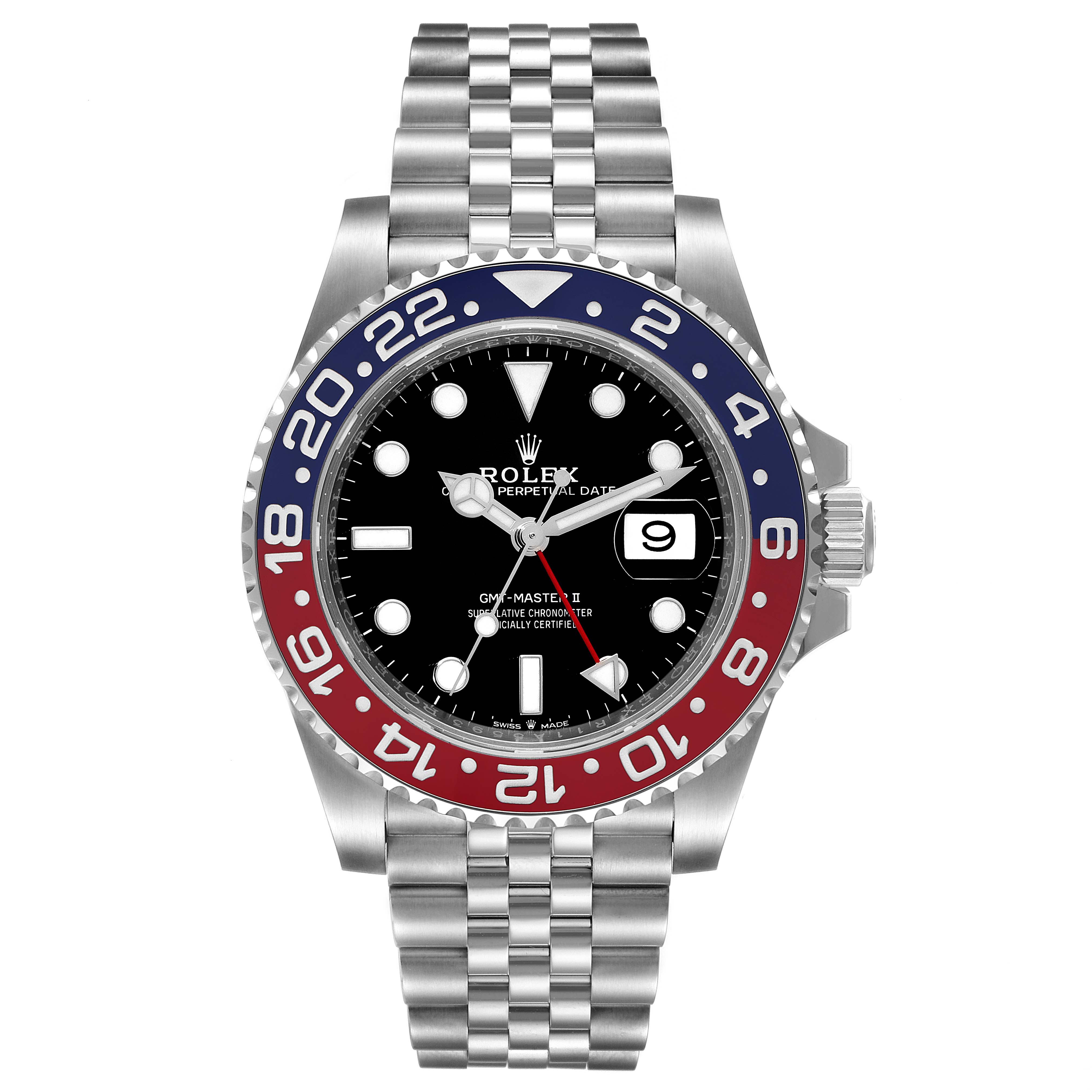 The image shows a front view of the Rolex GMT-Master 126710 Men
s Stainless Steel Black Dial 126710 Men
s Stainless Steel Black Dial II watch, including the bezel, dial, hands, and bracelet.