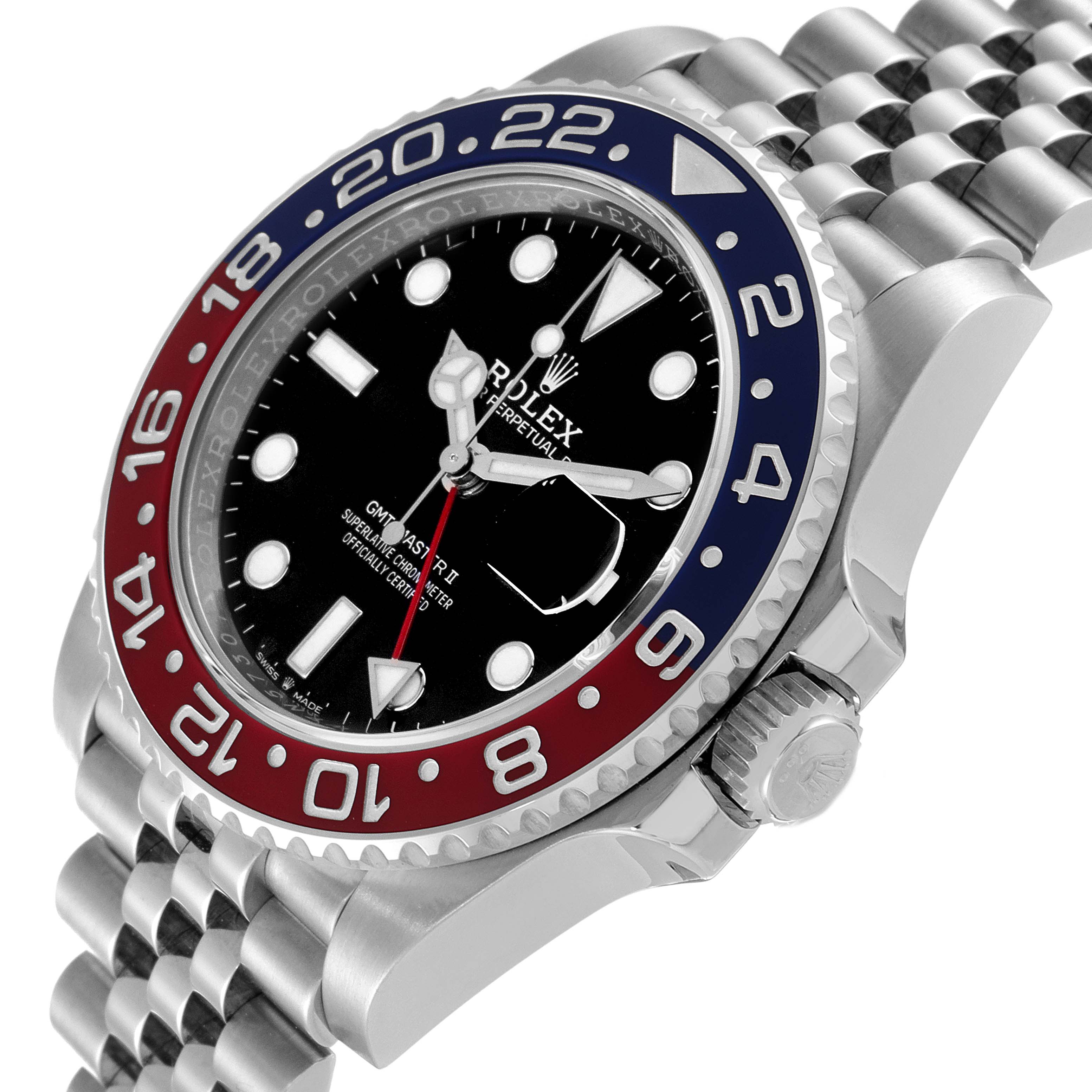 The image shows a close-up angle of the Rolex GMT-Master 126710 Men
s Stainless Steel Black Dial 126710 Men
s Stainless Steel Black Dial watch, highlighting the bezel, dial, and part of the bracelet.